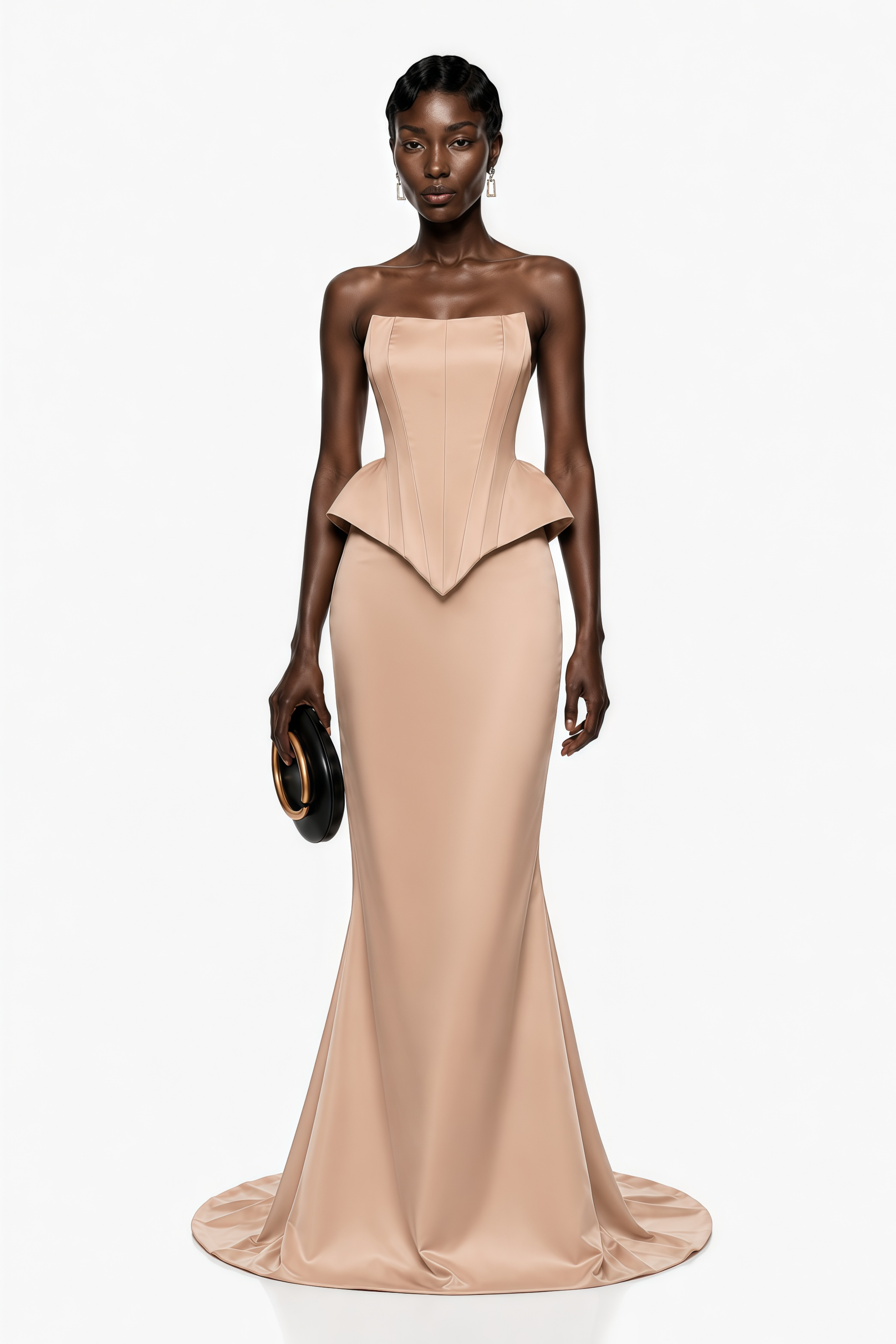 Nude beige satin mermaid gown featuring a structured corset bodice and a matching sculptural caped bolero