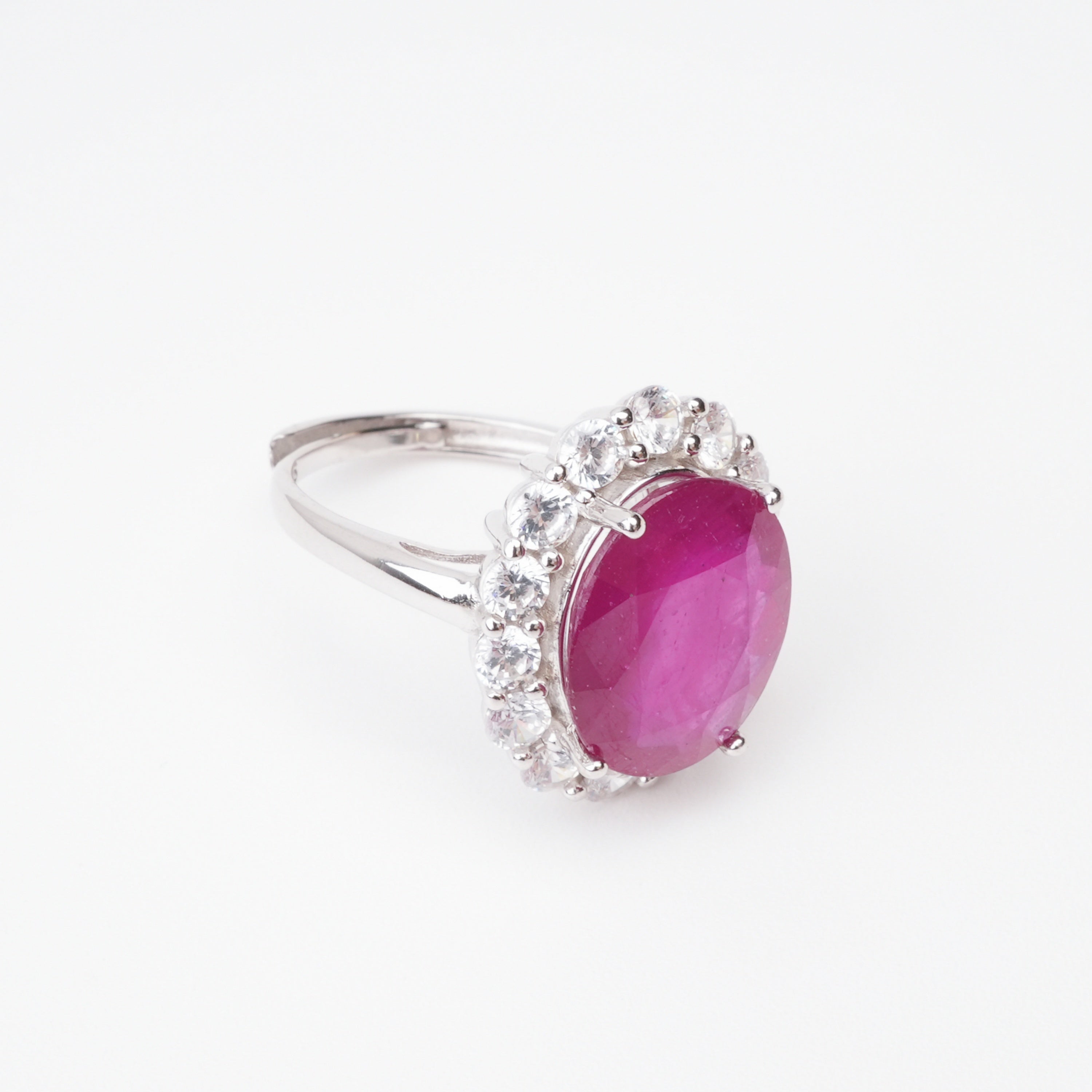 Clarisse Magenta Ruby Round Halo Sterling Silver Ring
