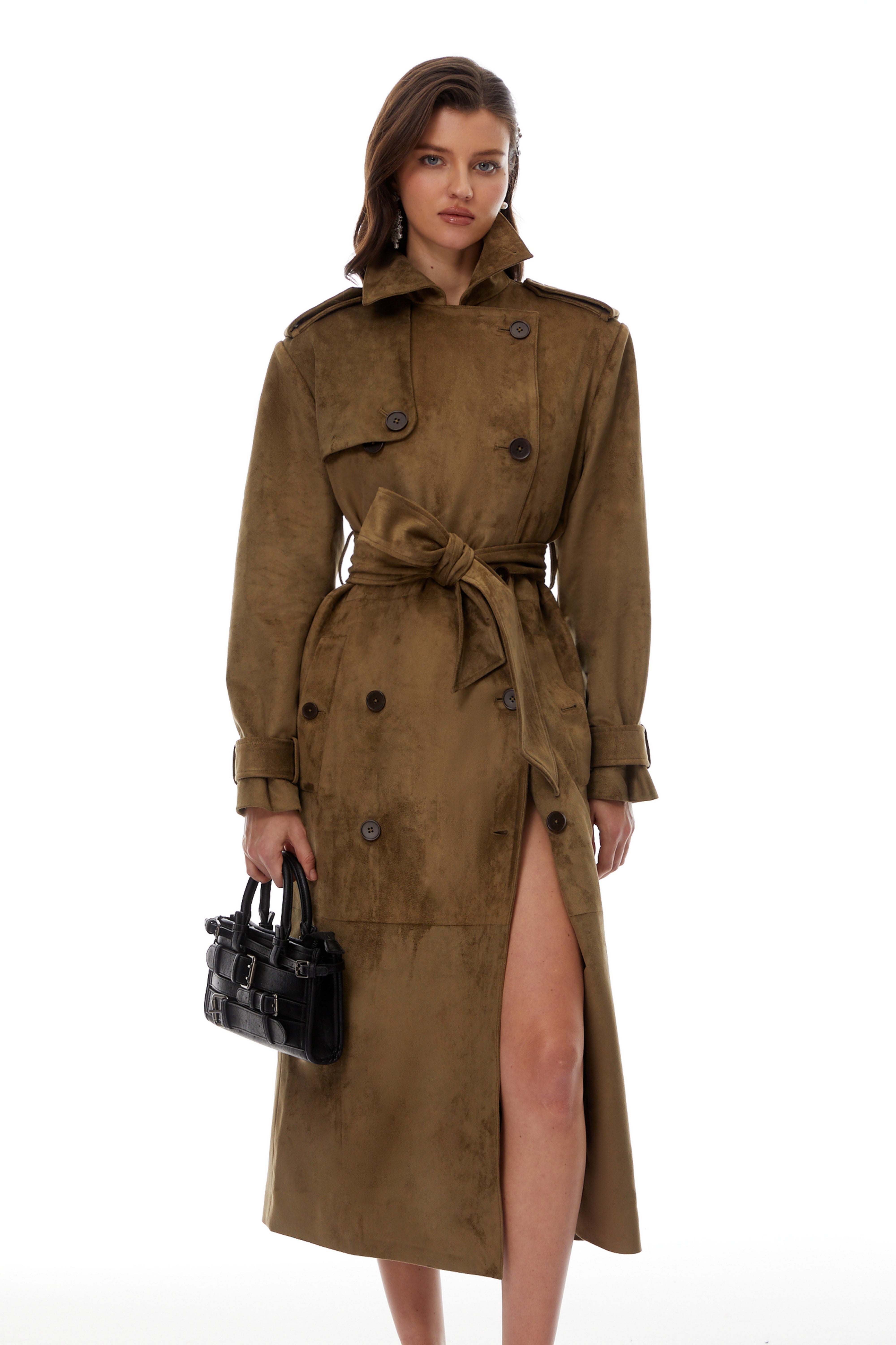 Claudia Brown Suede Long Trench Coat