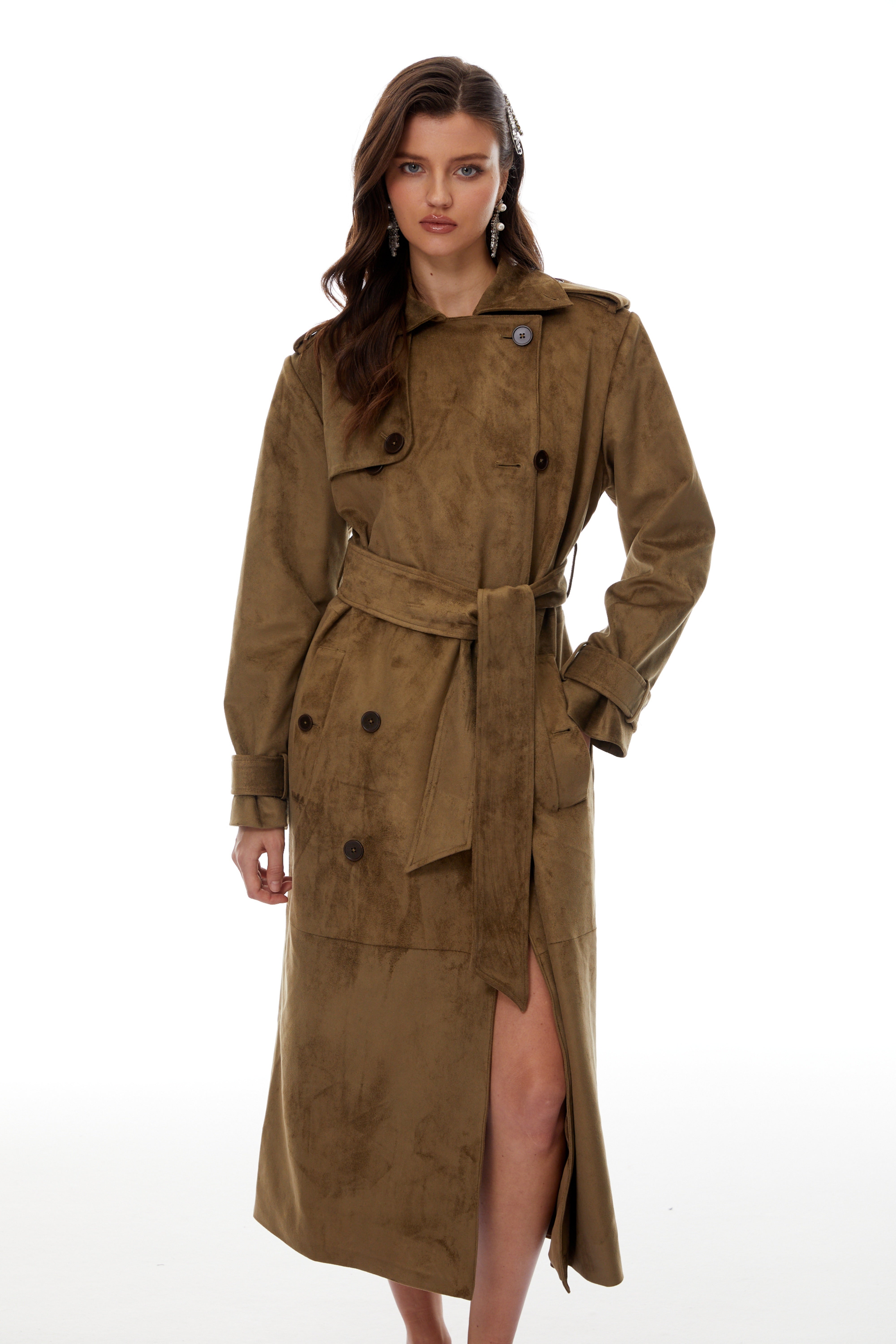 Claudia Brown Suede Long Trench Coat