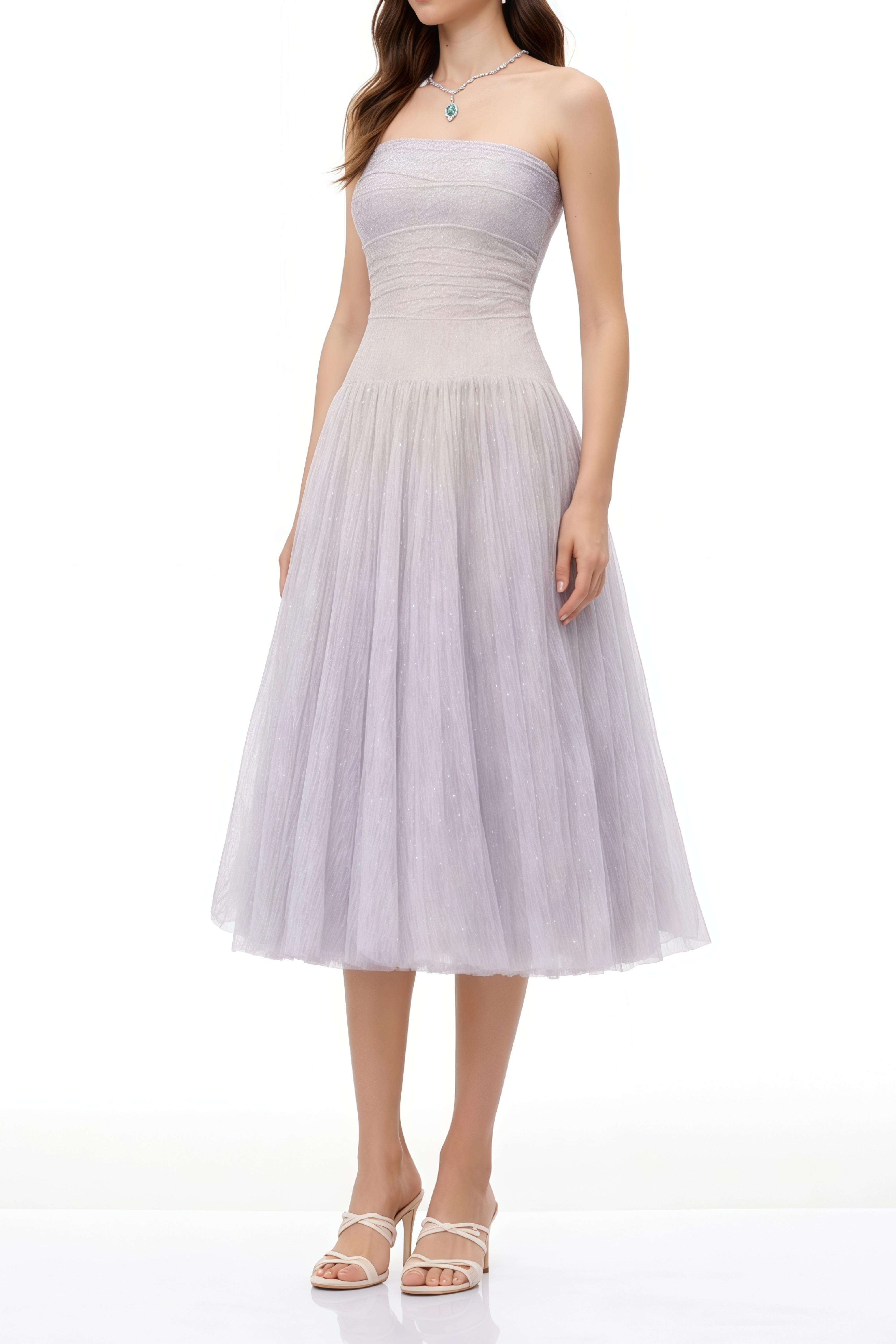 Clémence Midi-Kleid aus violettem Tüll mit Pailletten und Spitze