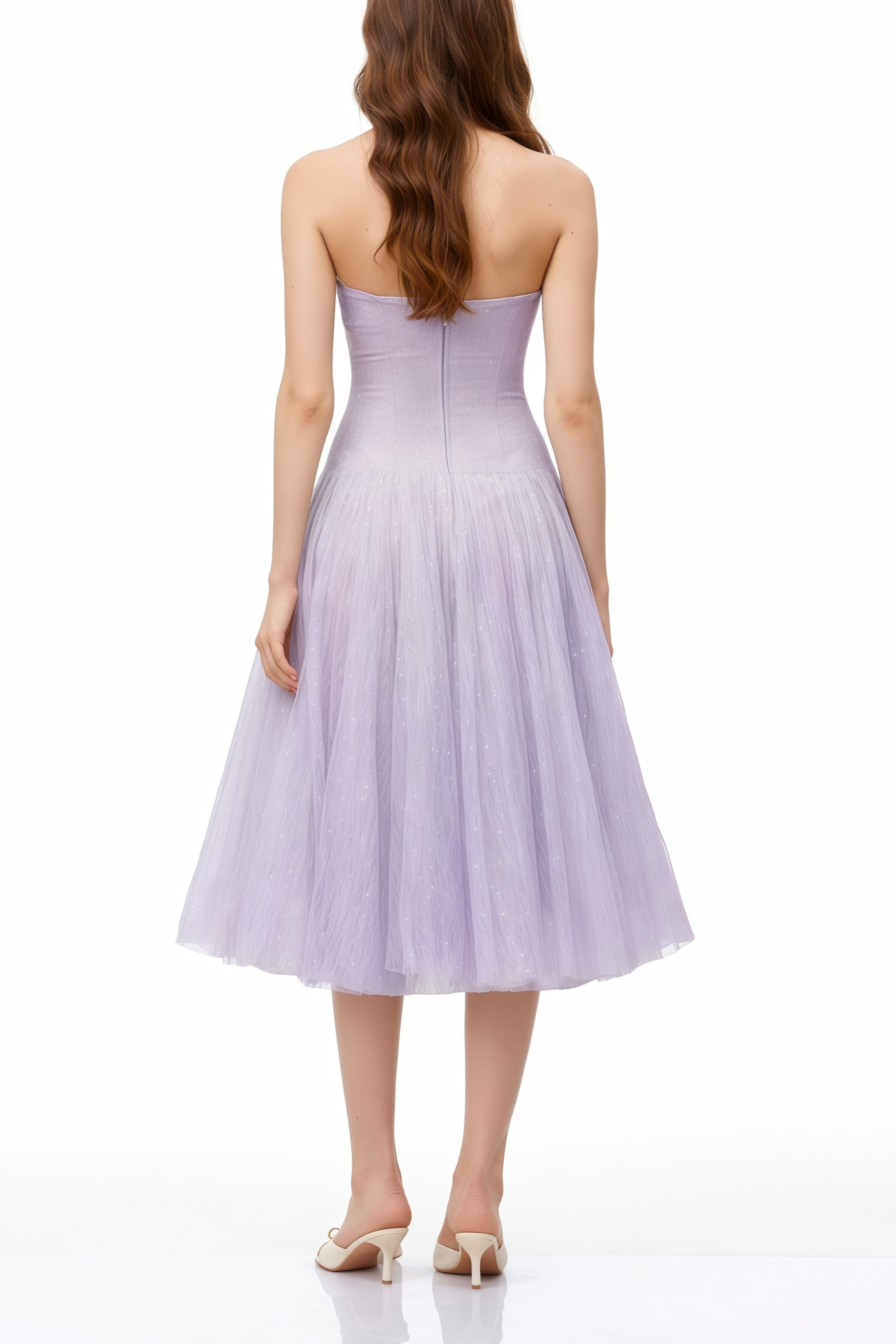 Clémence Midi-Kleid aus violettem Tüll mit Pailletten und Spitze