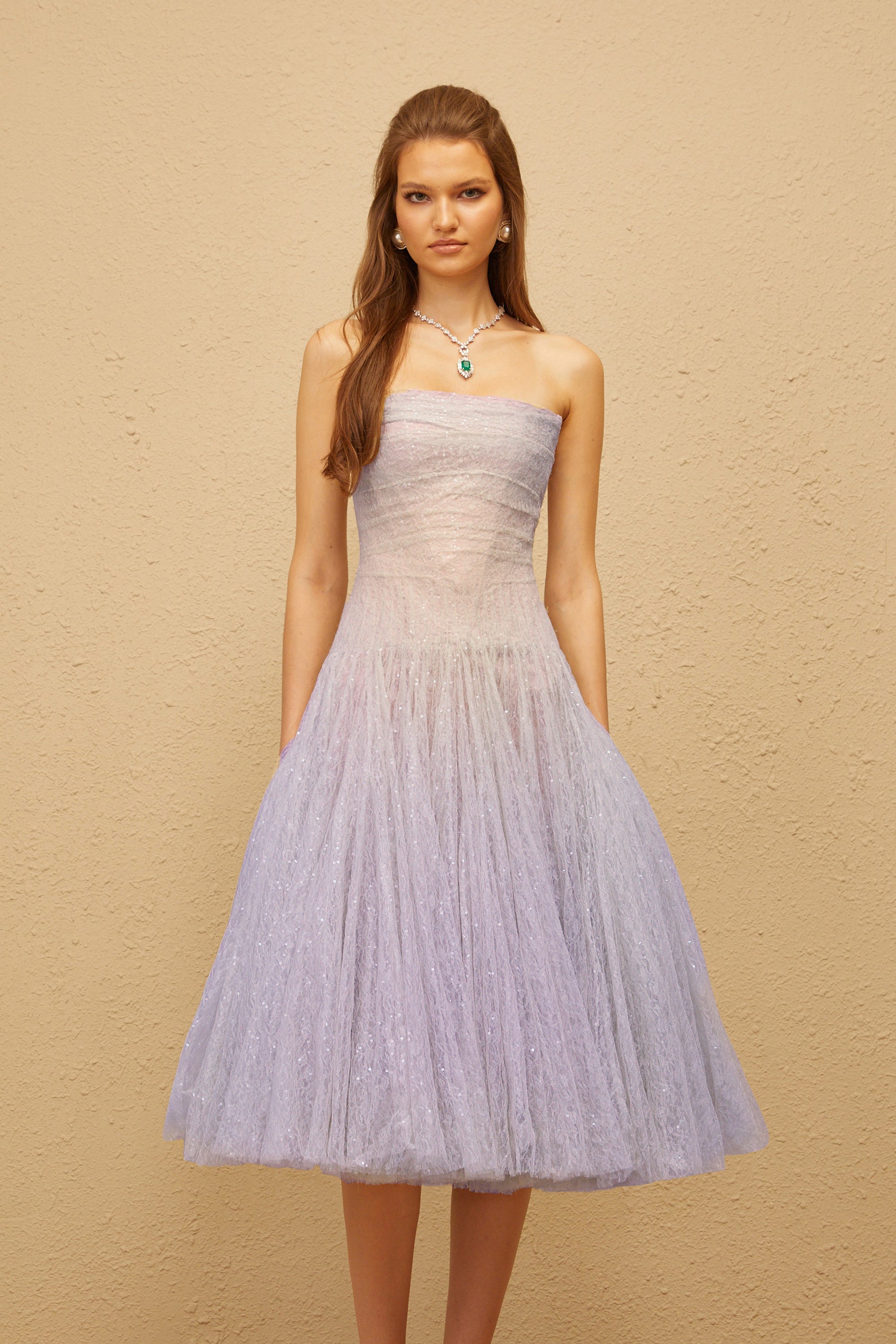 Clémence Purple Sequin Lace Tulle Midi Dress