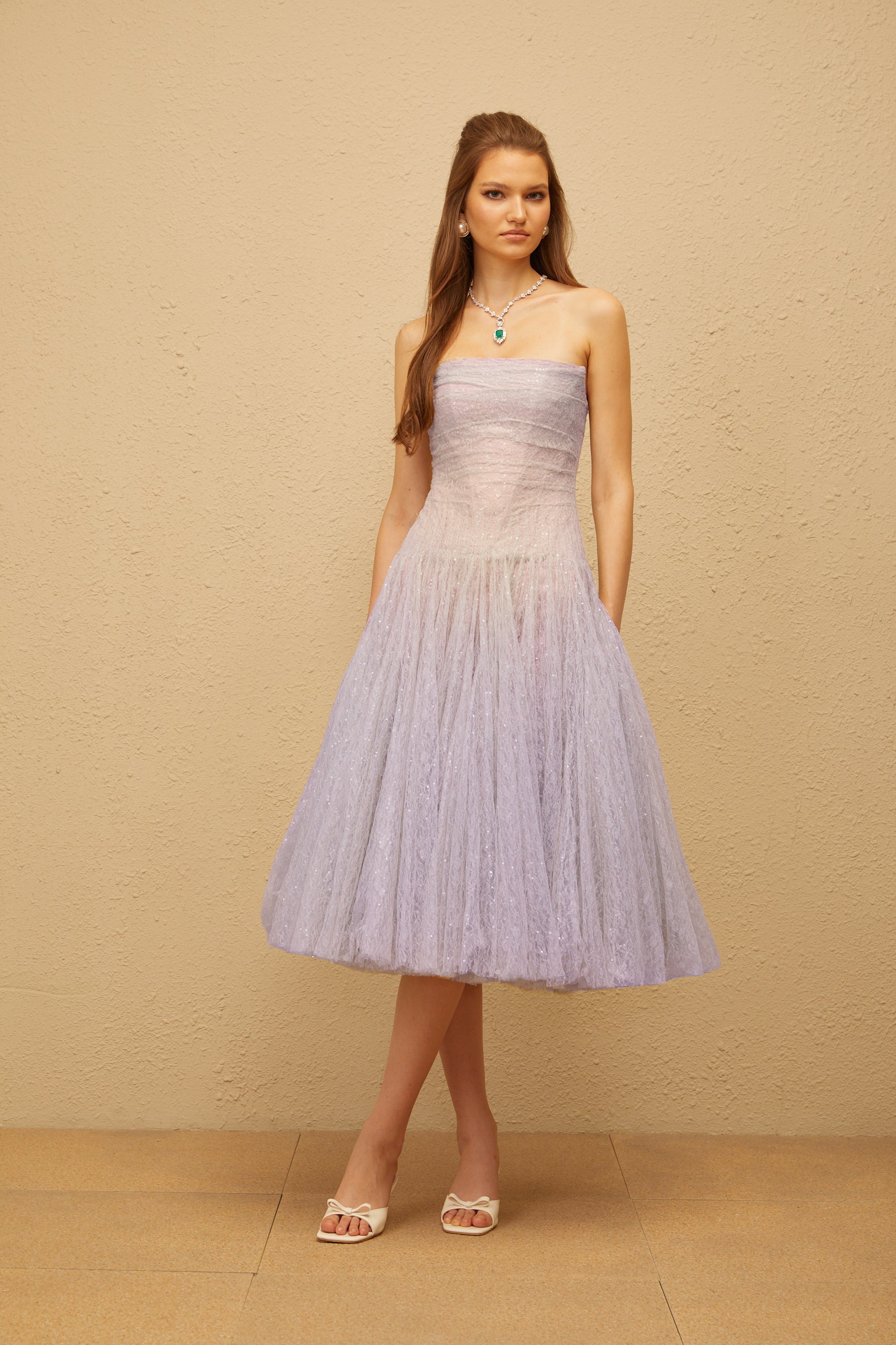 Clémence Purple Sequin Lace Tulle Midi Dress