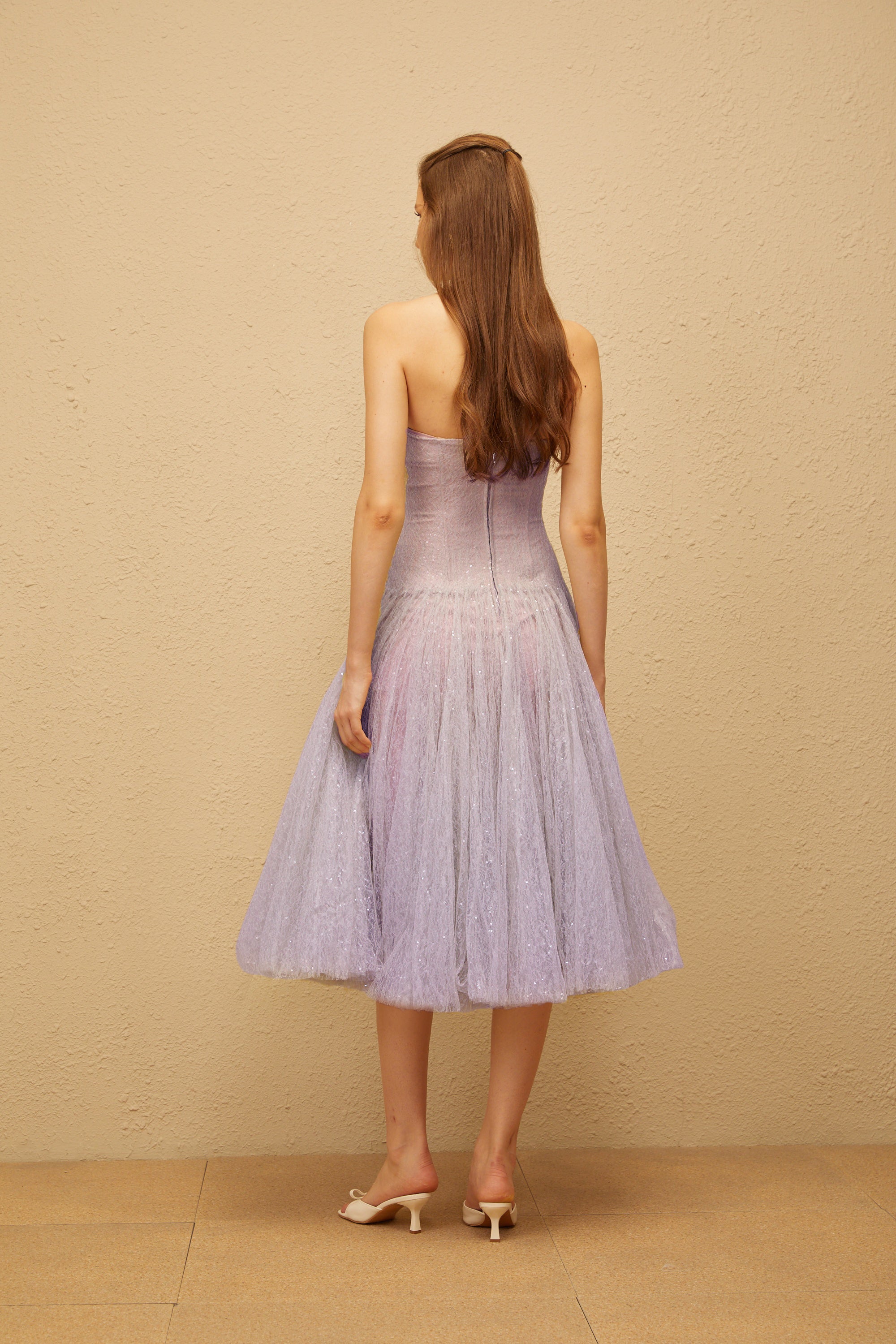 Clémence Purple Sequin Lace Tulle Midi Dress