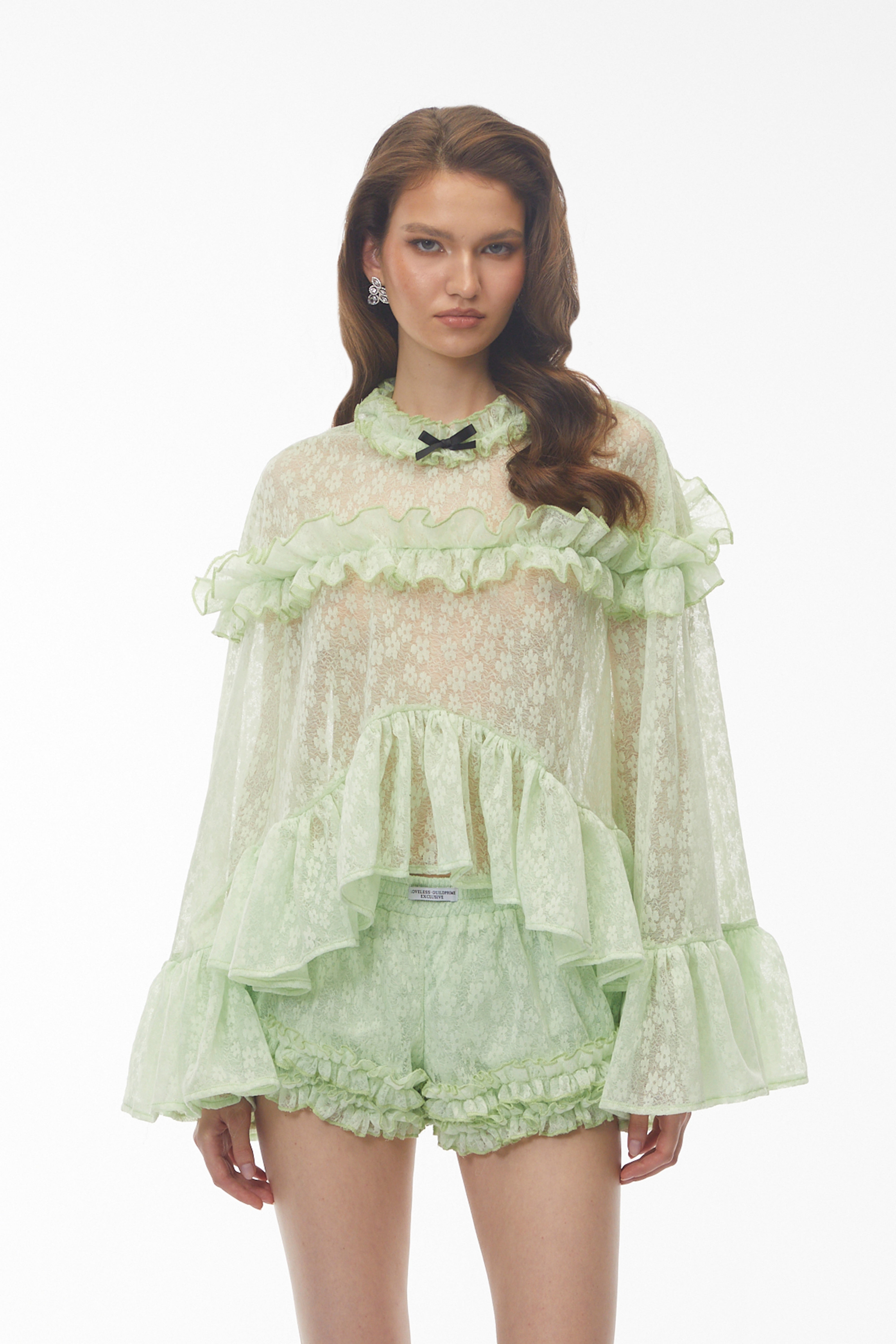 Colette Mint Green Floral Lace Ruffled Top & Shorts Set
