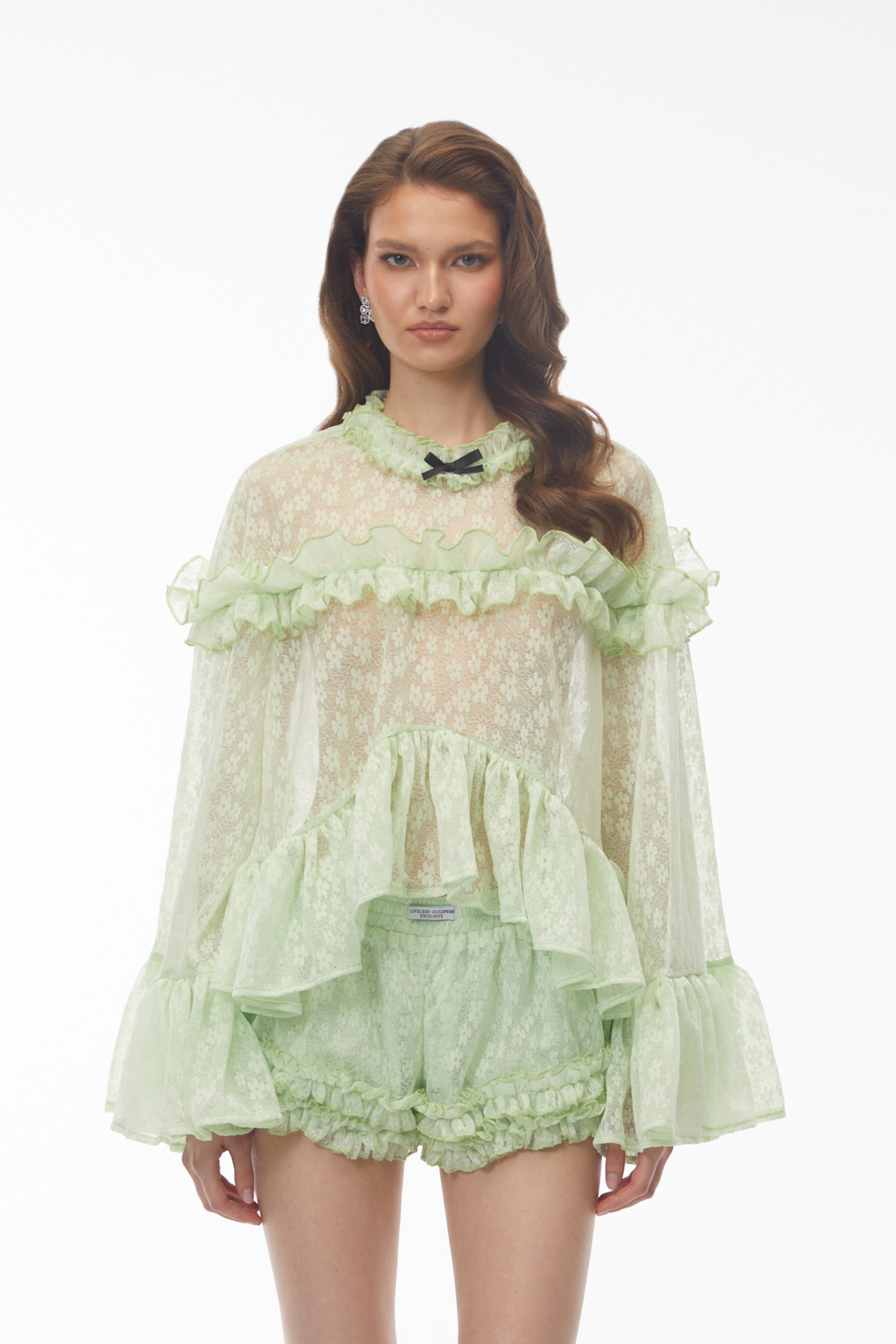 Colette Mint Green Floral Lace Ruffled Top & Shorts Set