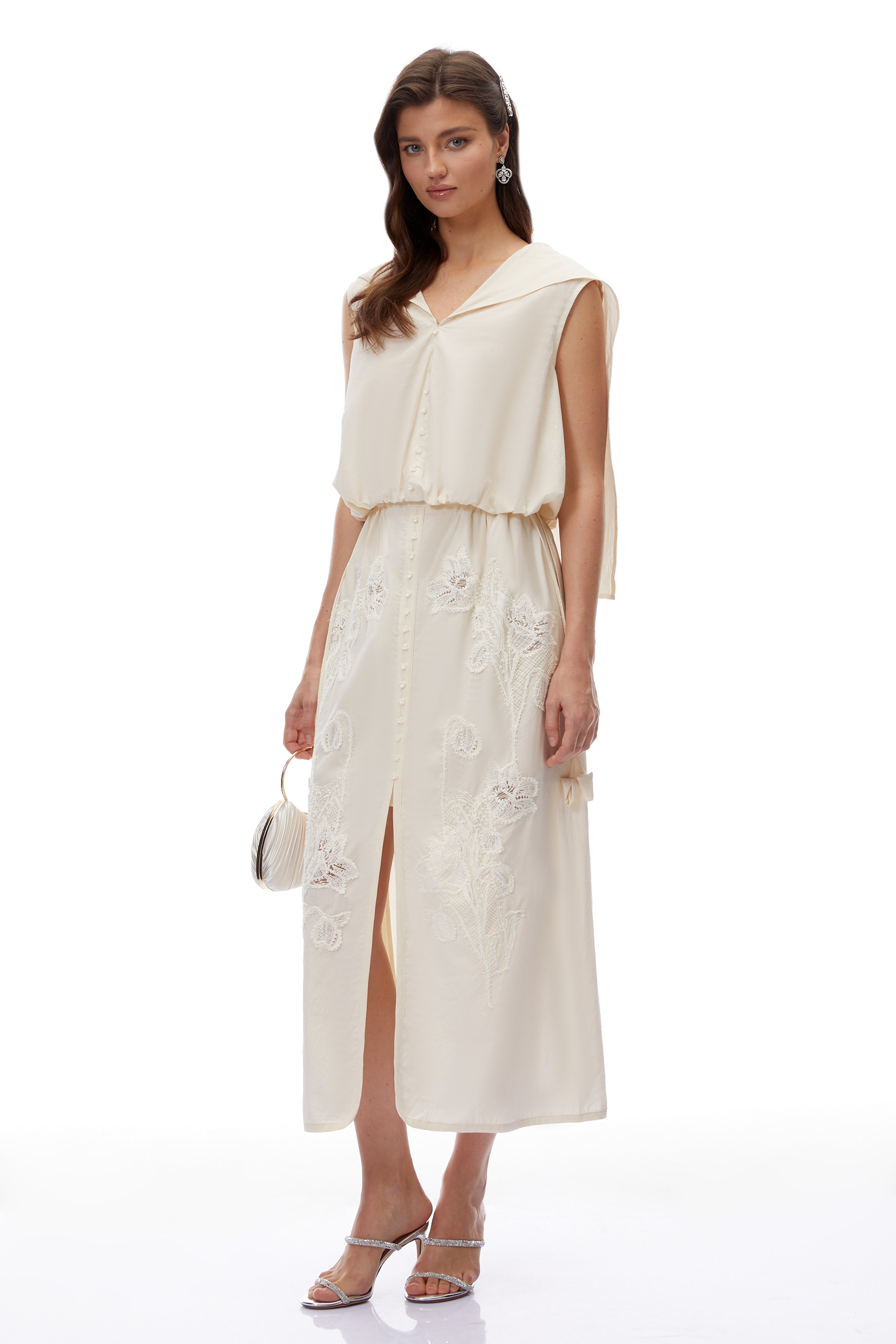 Coline Beige Floral Embroidered Top & Skirt Set