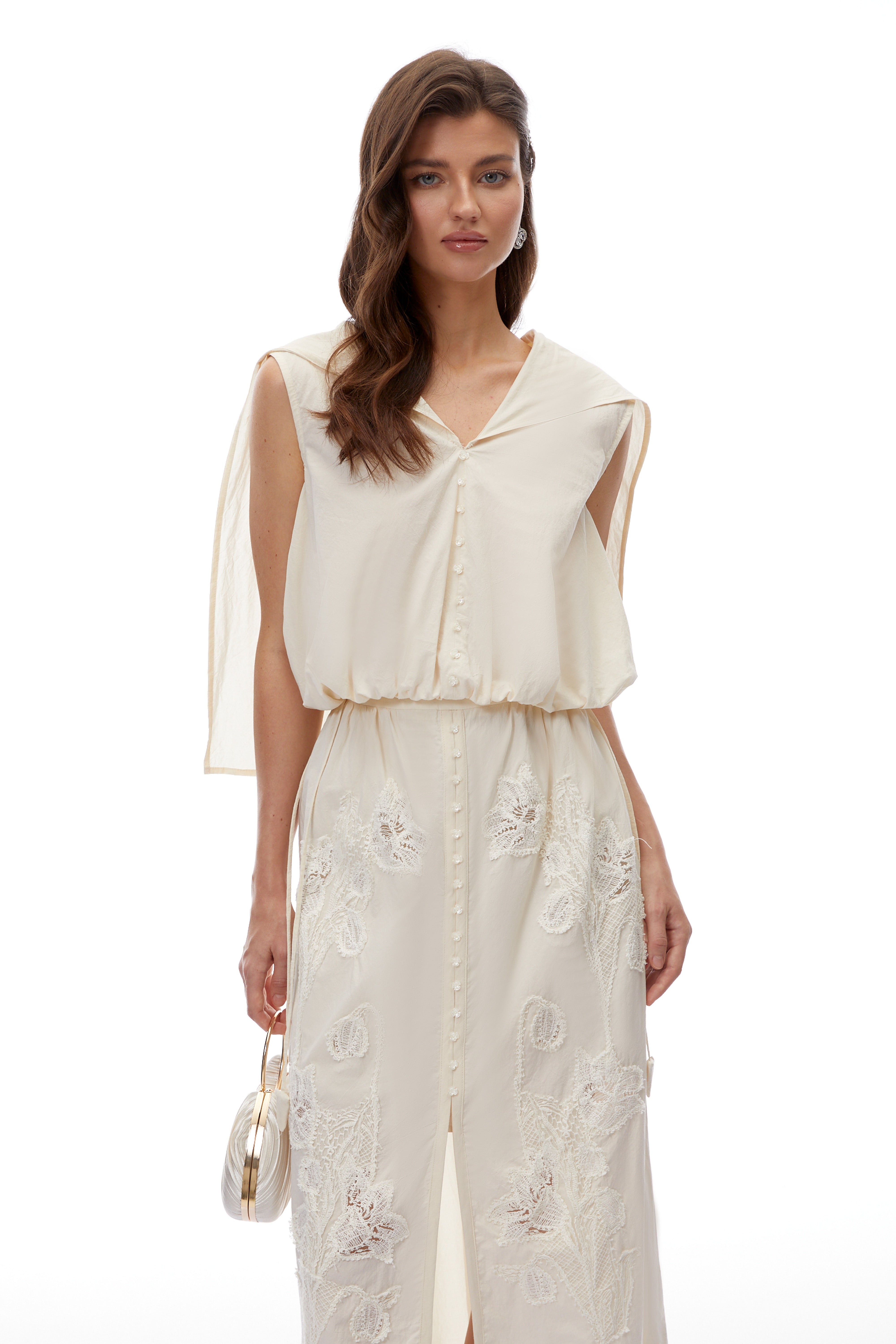 Coline Beige Floral Embroidered Top & Skirt Set