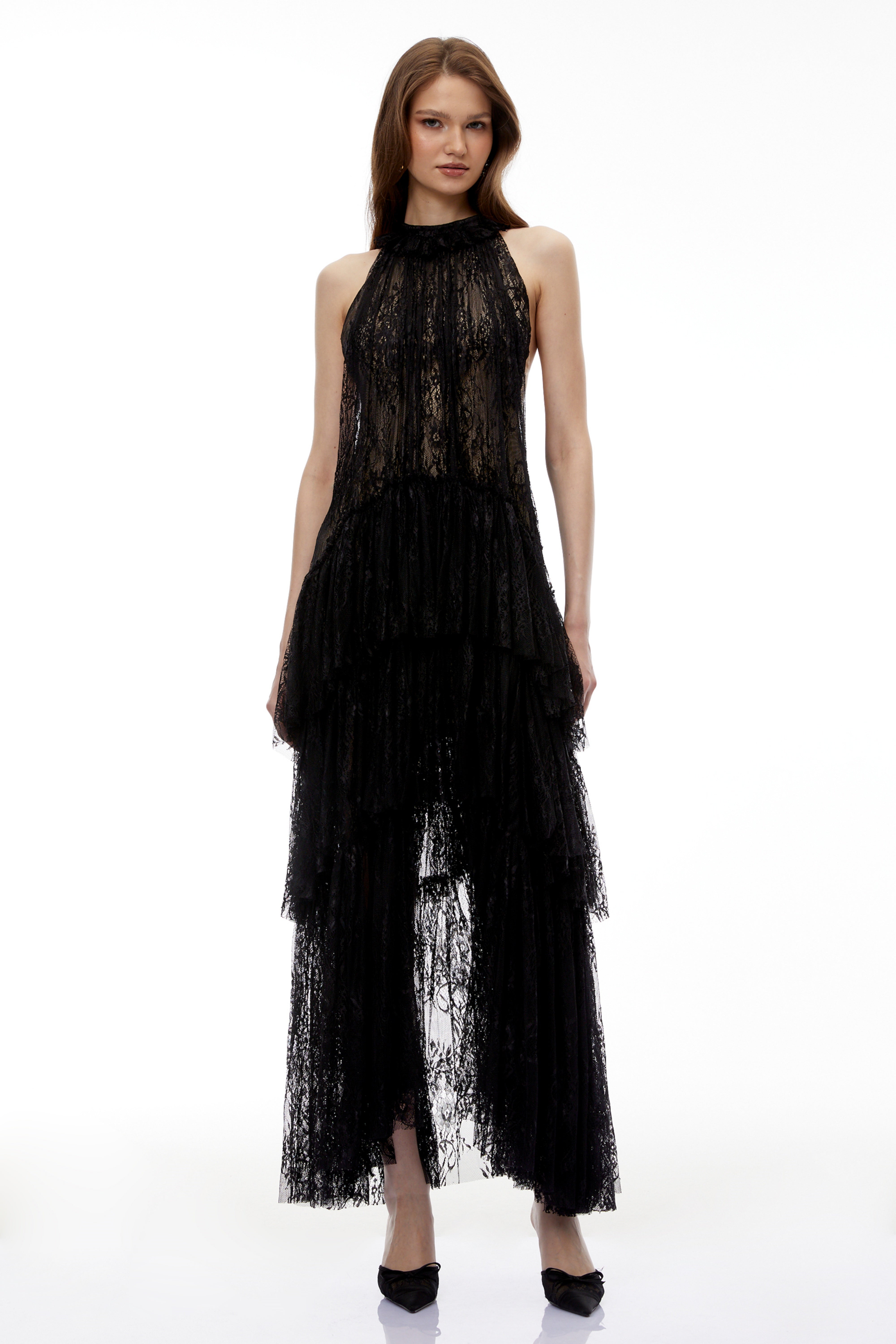 Maxikleid aus schwarzer Blumen-Spitze von Coralie