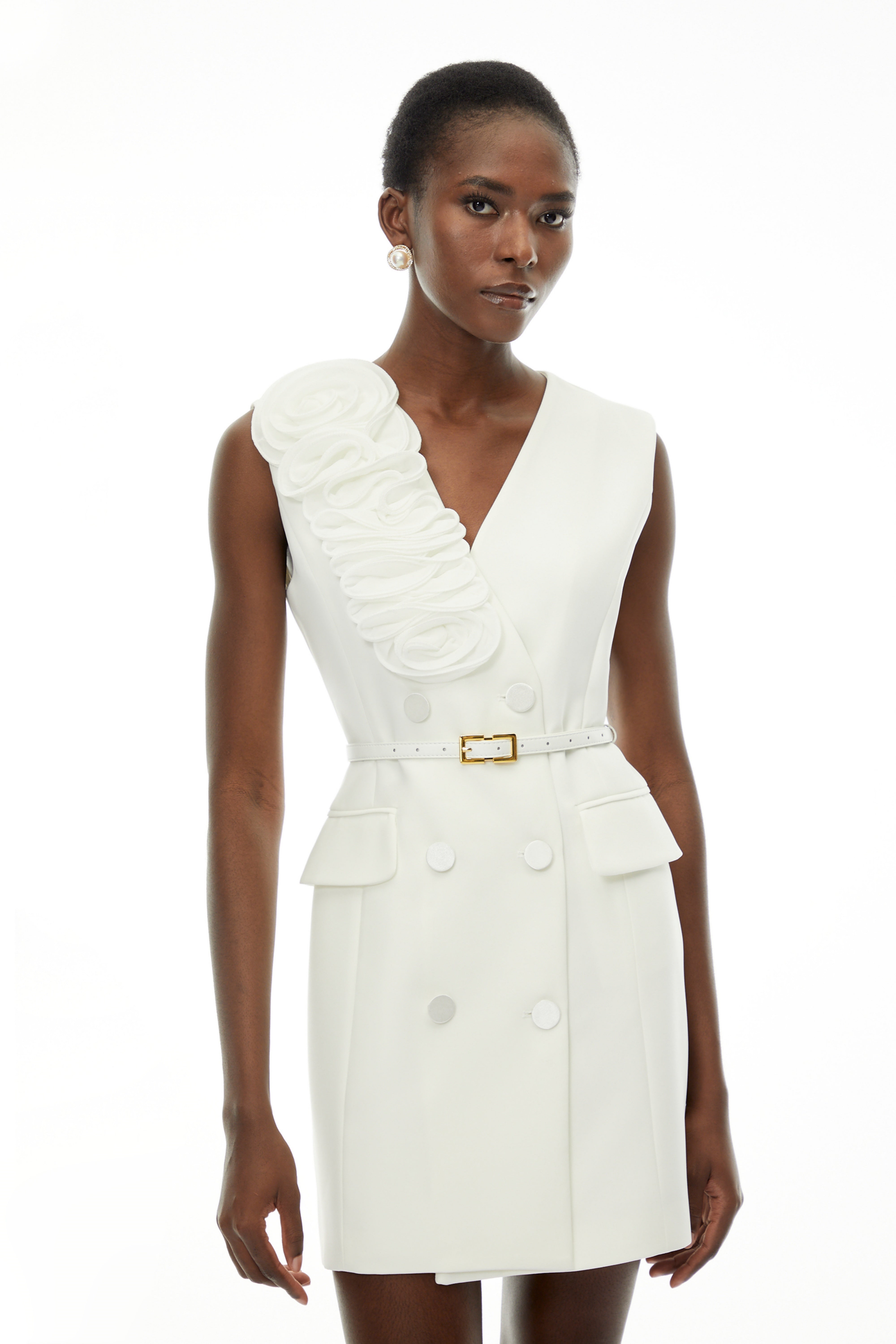 Cordelia White Sleeveless Mini Dress with 3D Florals