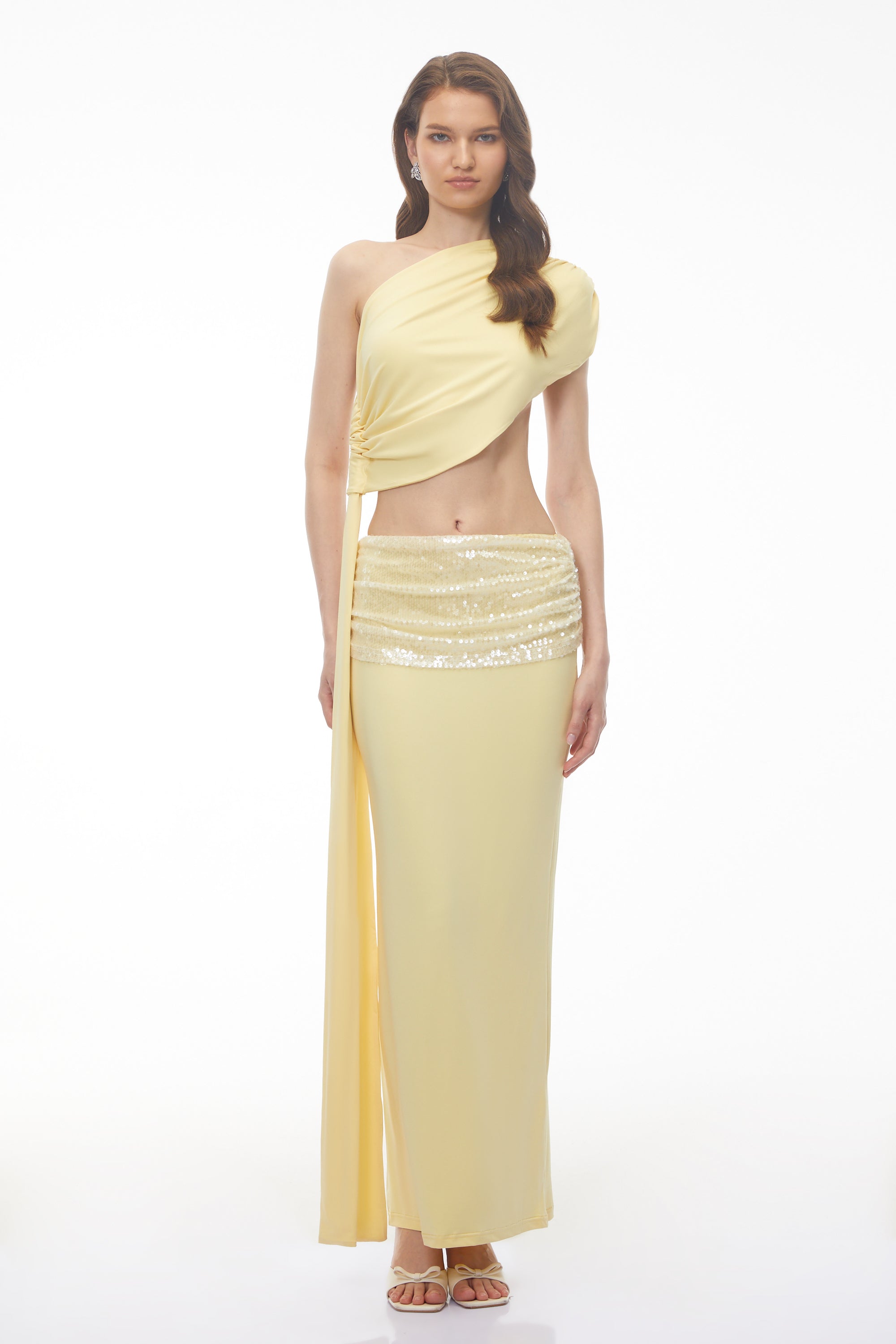 Cornelia Yellow Ruched Top & Embellished Skirt Set