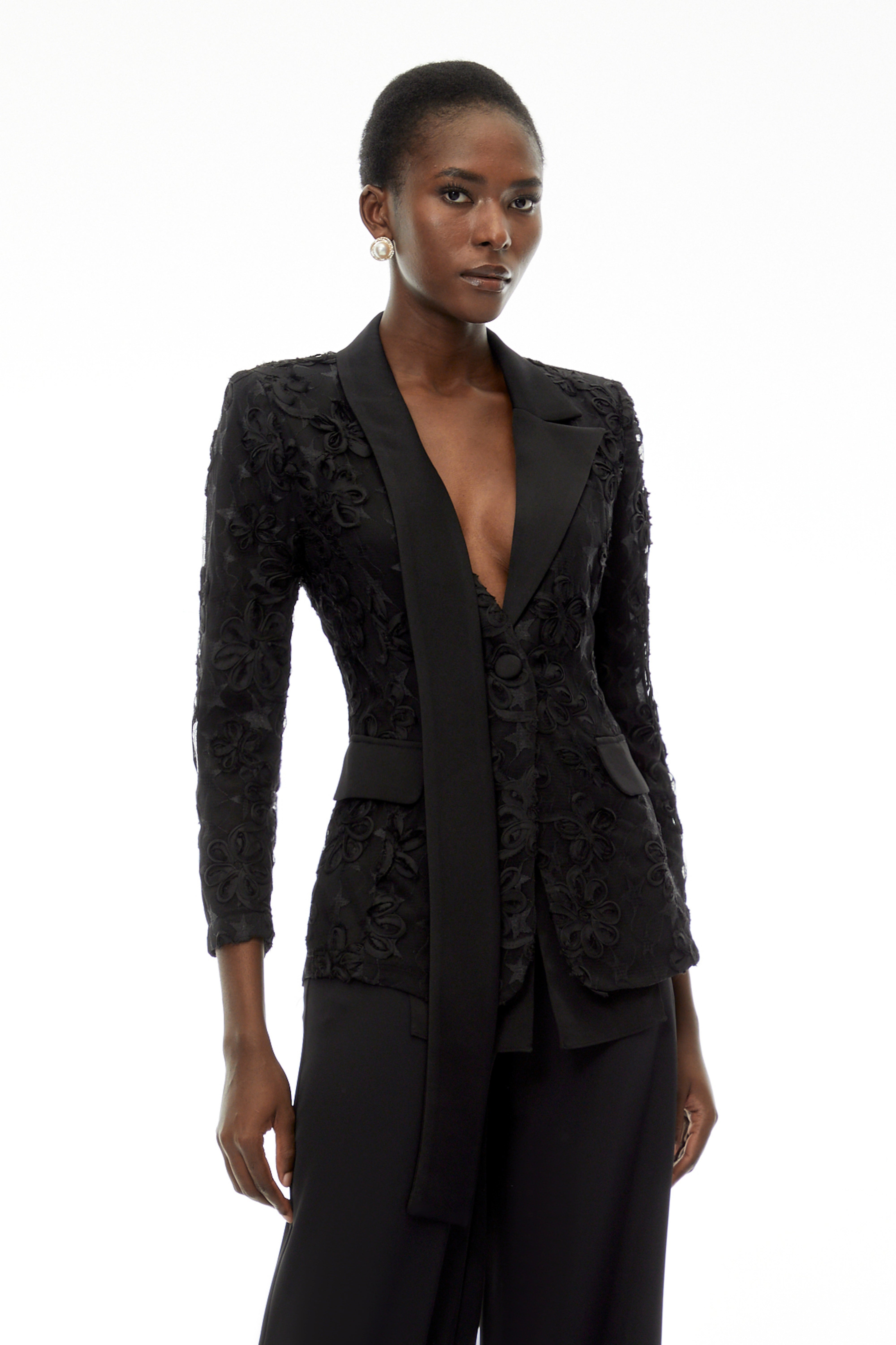 Cosima Black Floral Blazer with Lapel Collar (Final Sale)