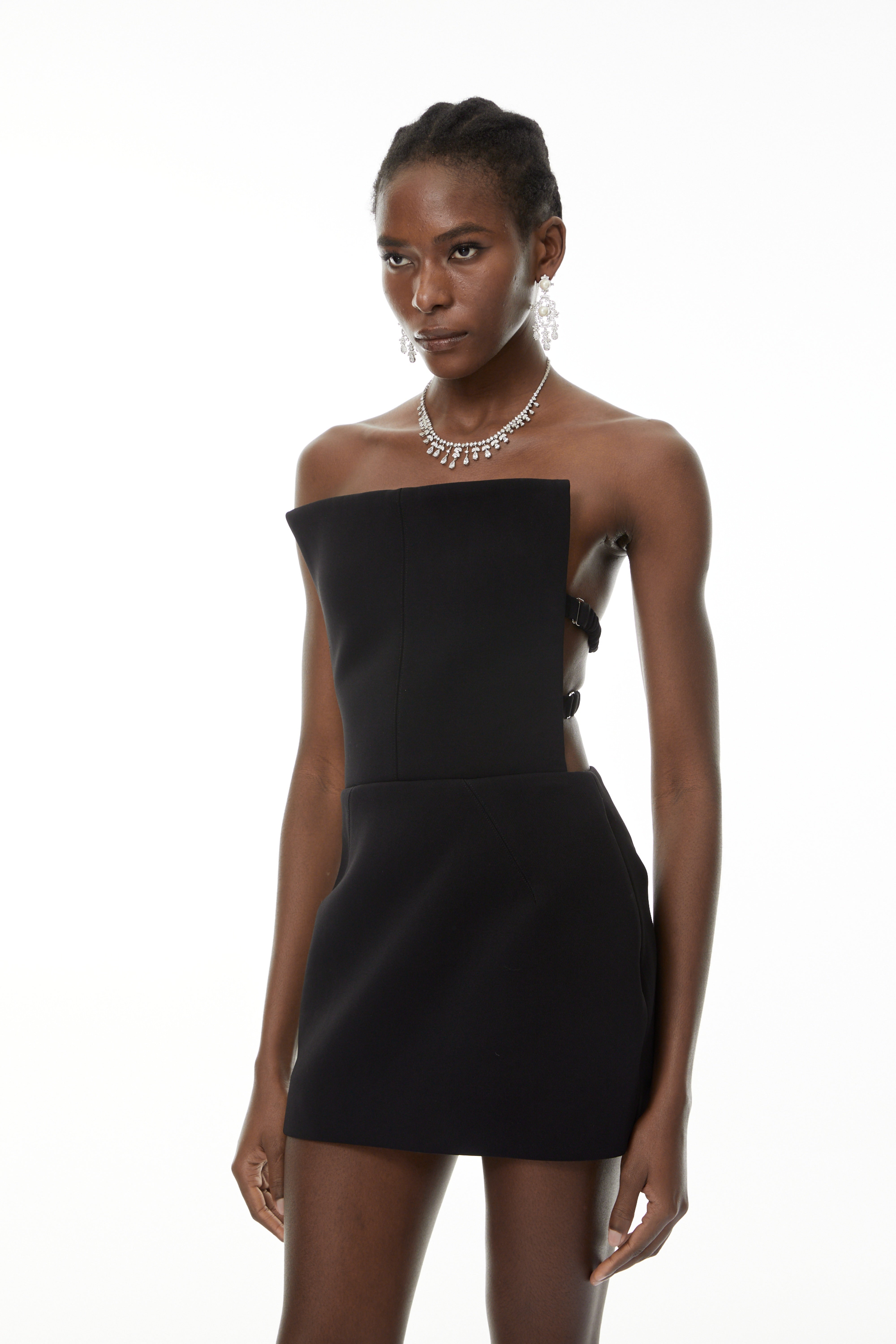 Costanza Schwarzes, strukturiertes, trägerloses, figurbetontes Minikleid