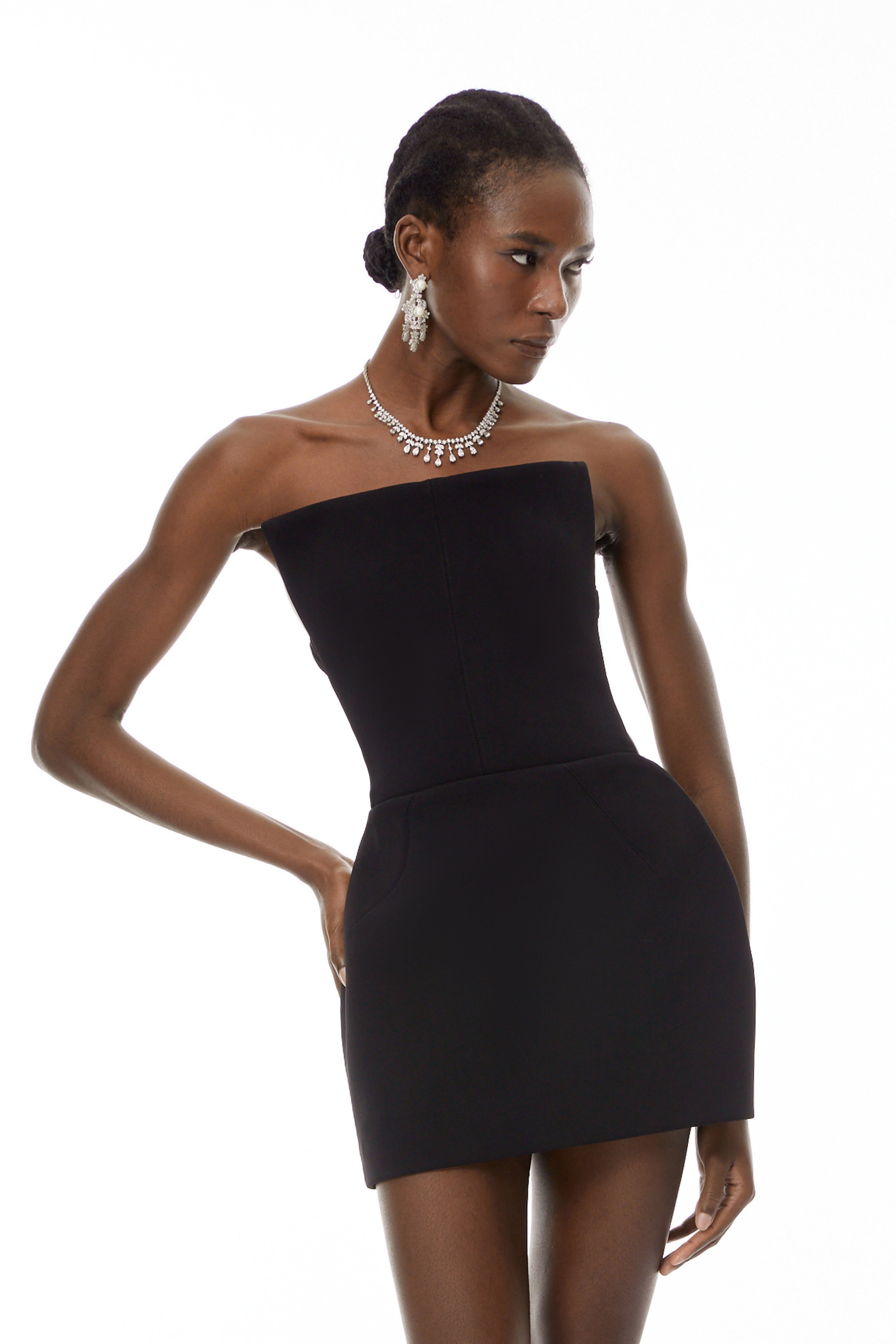 Costanza Schwarzes, strukturiertes, trägerloses, figurbetontes Minikleid