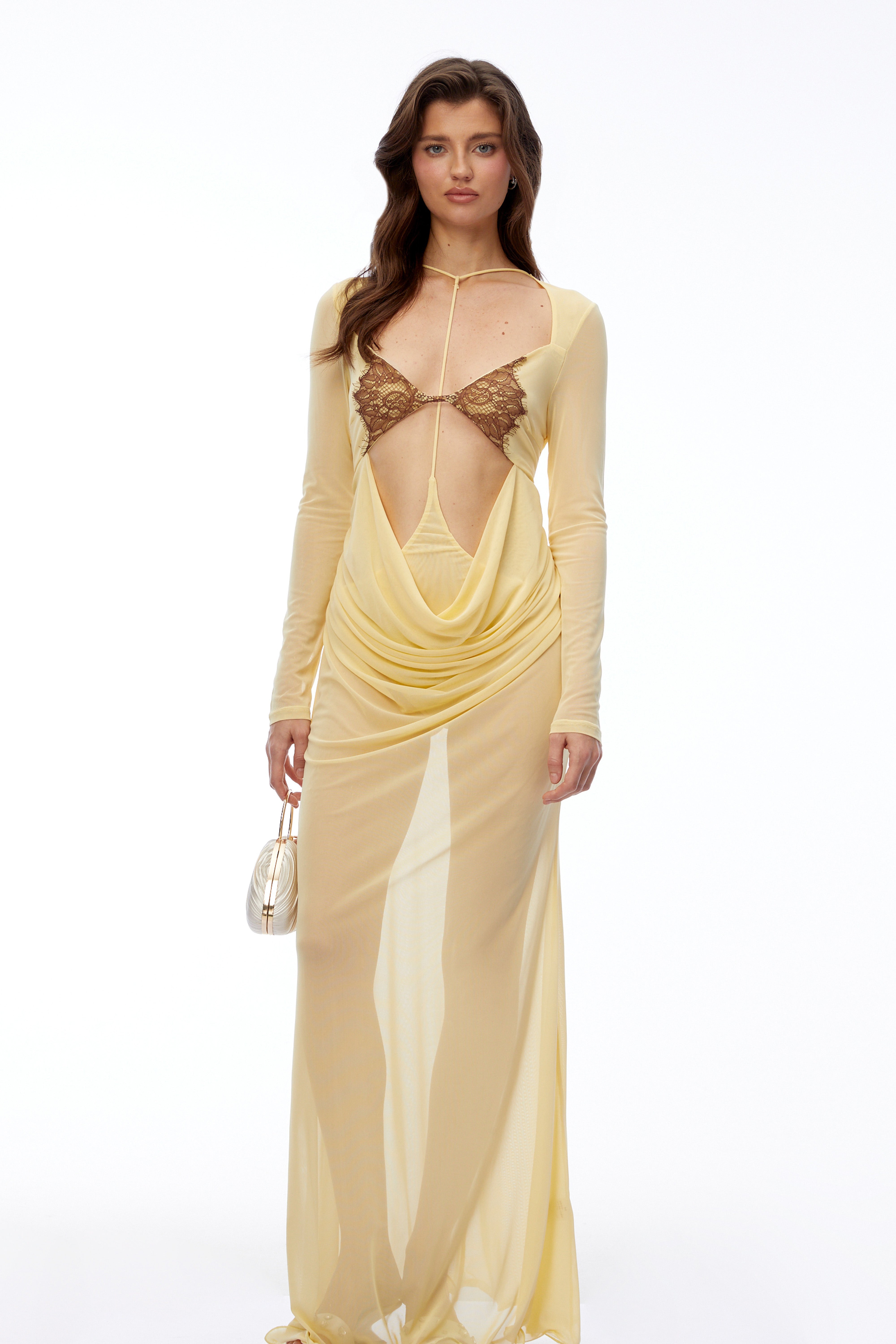 Cressida Yellow Cut-Out Semi-Sheer Fishtail Maxi Dress