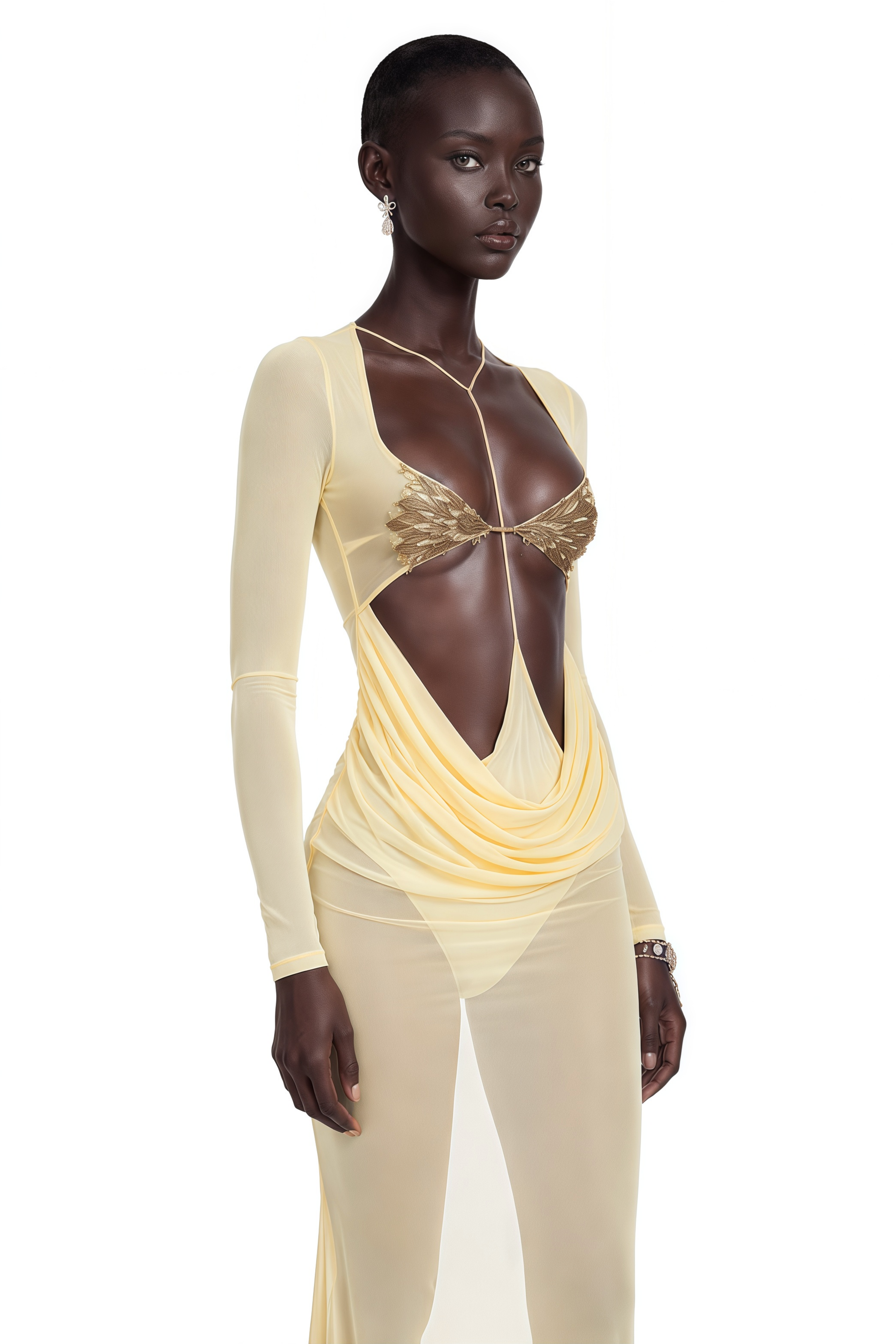 Cressida Yellow Cut-Out Semi-Sheer Fishtail Maxi Dress