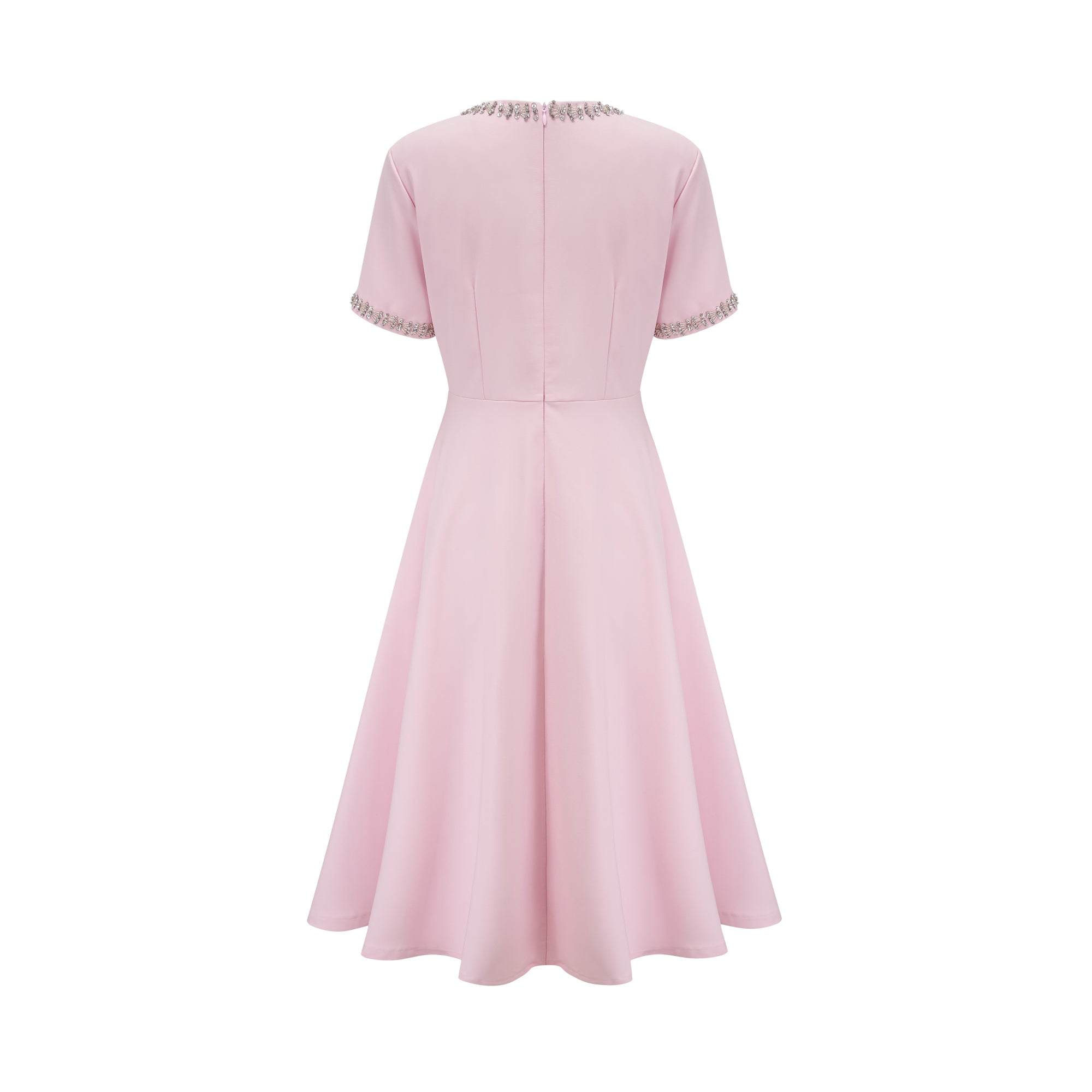 فستان كاسيوبيا متوسط الطول مع فيونكة وردية مزينة بالكريستال