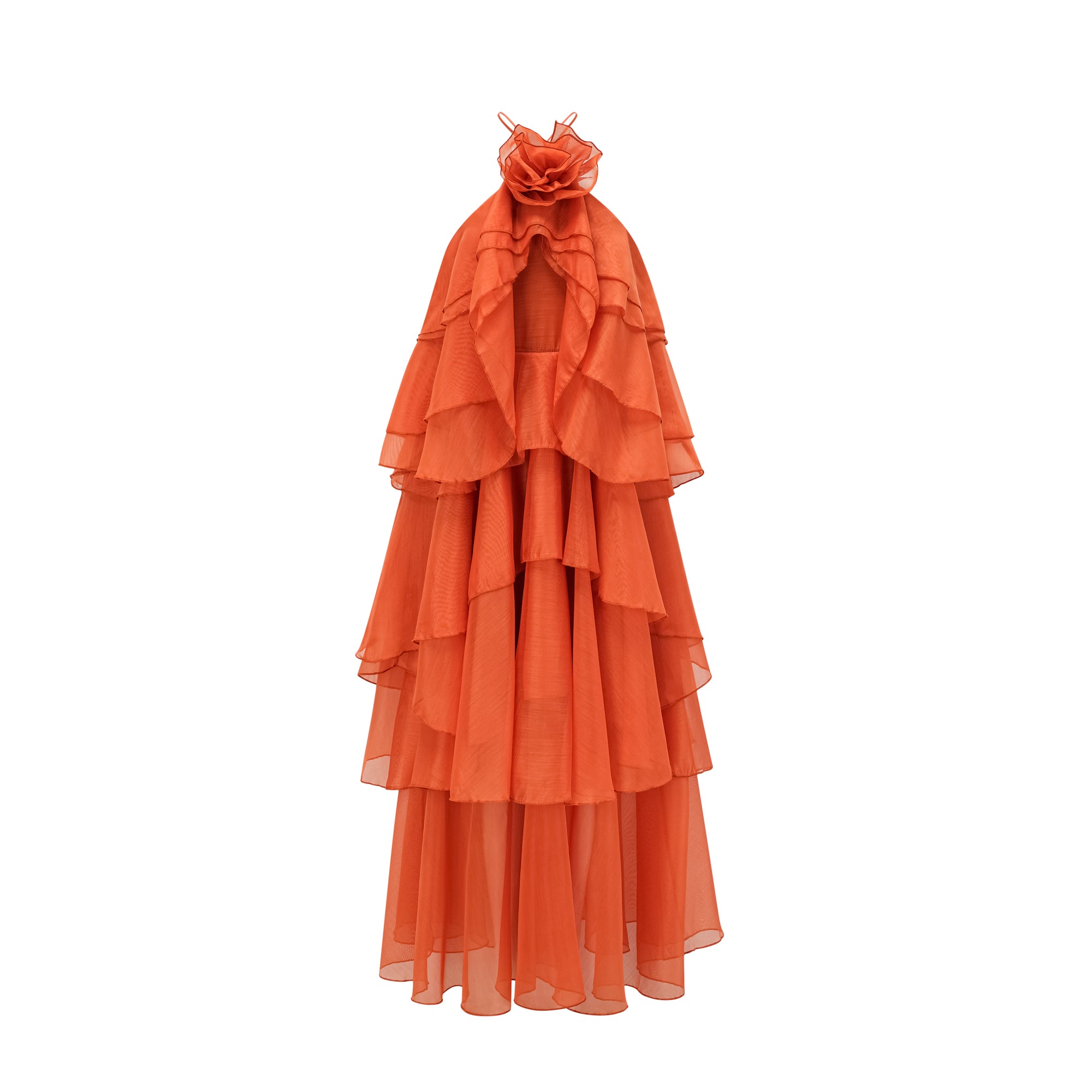 Carrie – Orangefarbenes Neckholder-Maxikleid mit Volant