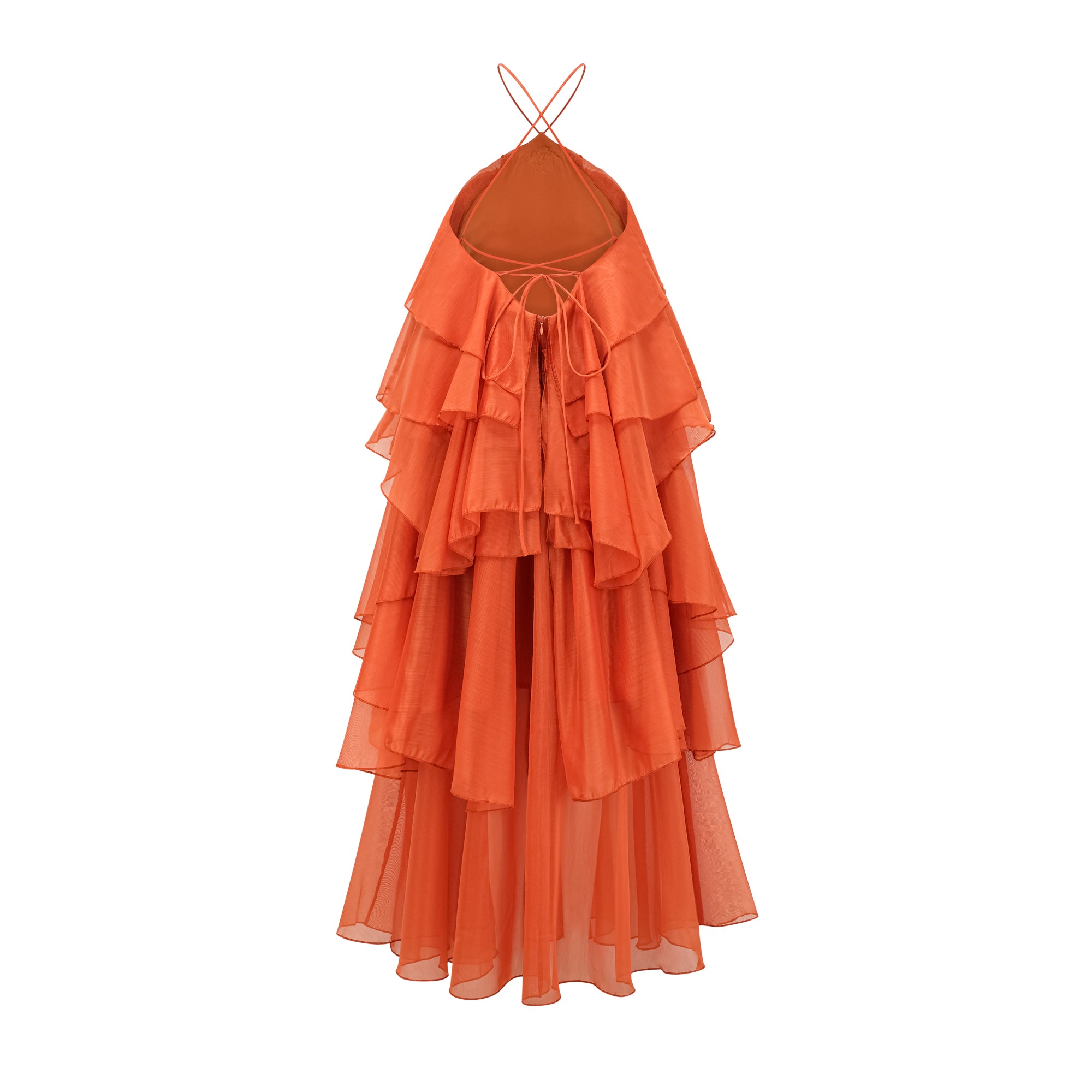 Carrie – Orangefarbenes Neckholder-Maxikleid mit Volant