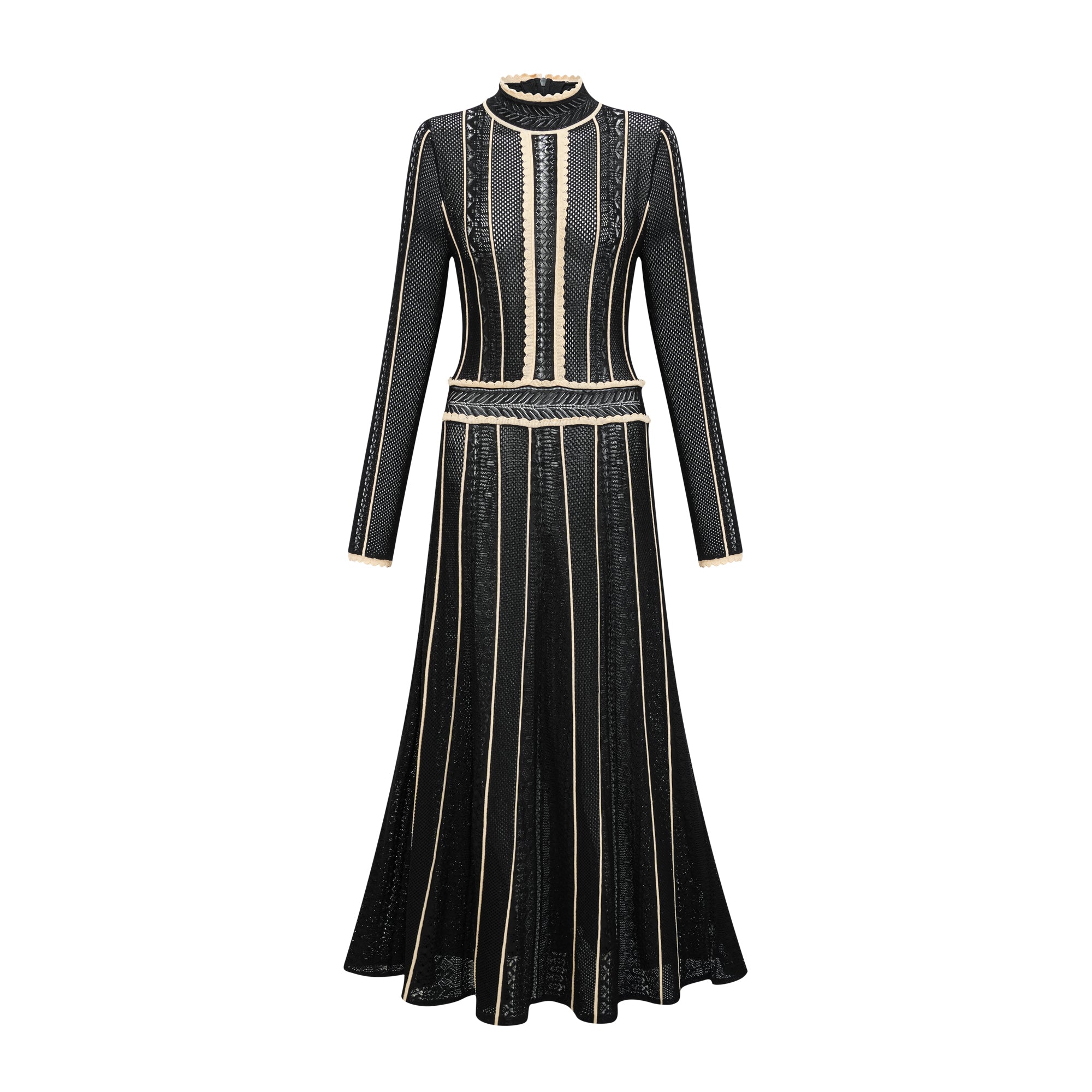 Schwarzes Maxikleid aus Netzstoff mit vertikalen Streifen von Maëlys