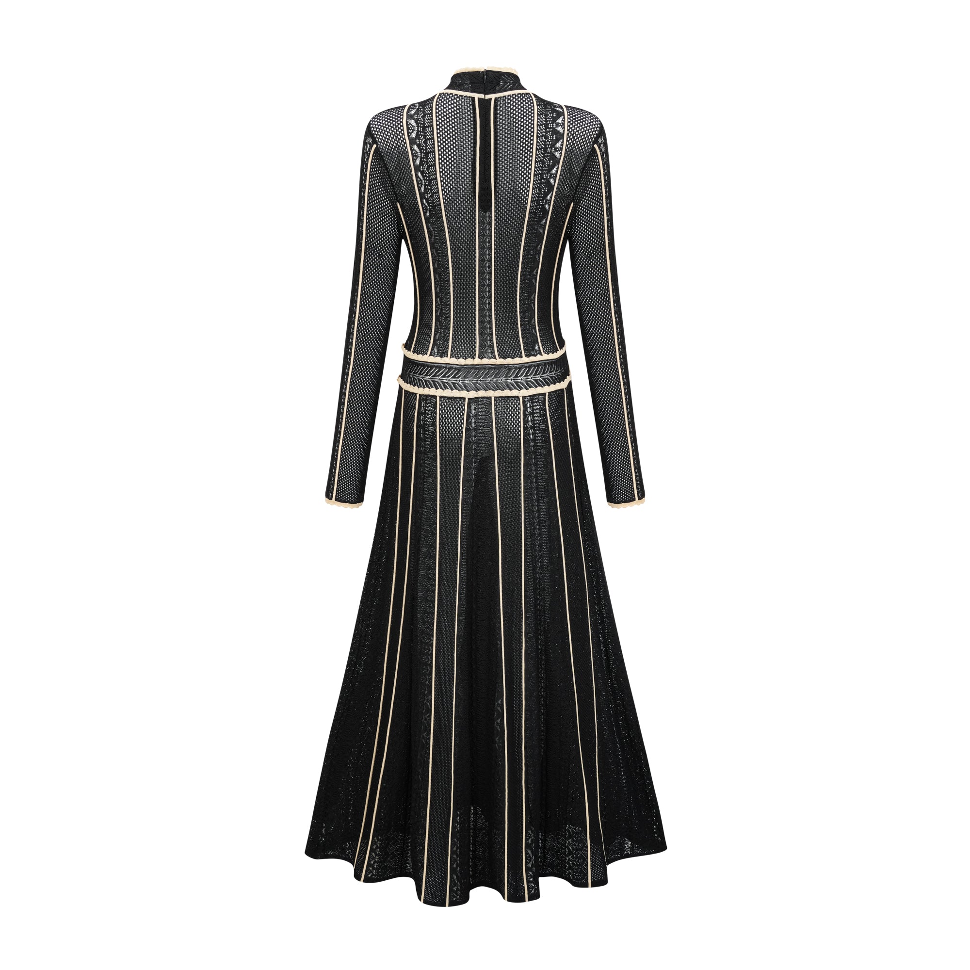 Schwarzes Maxikleid aus Netzstoff mit vertikalen Streifen von Maëlys