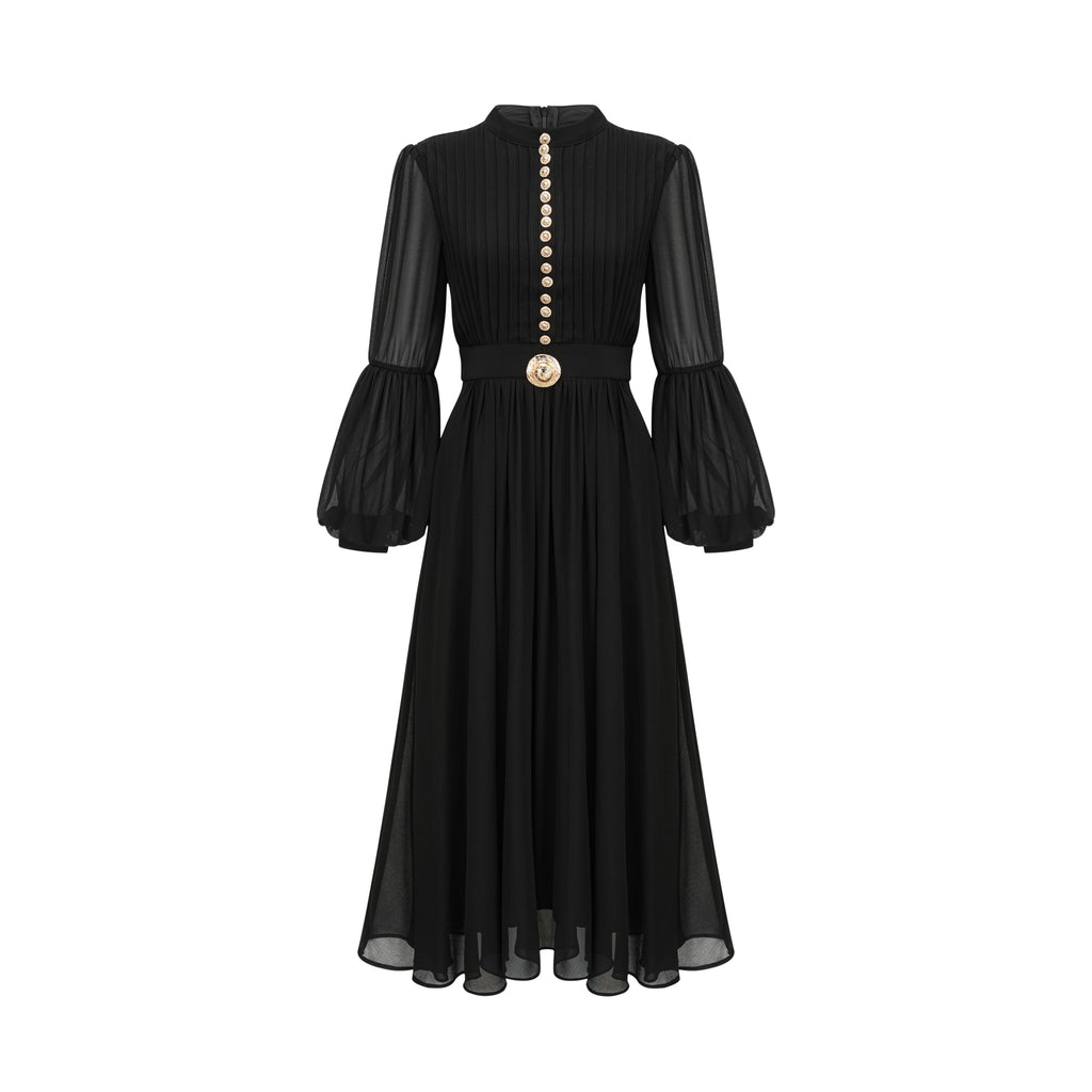 Pleated Rosette Shoulder Midi Dress-83003-Black main image 0