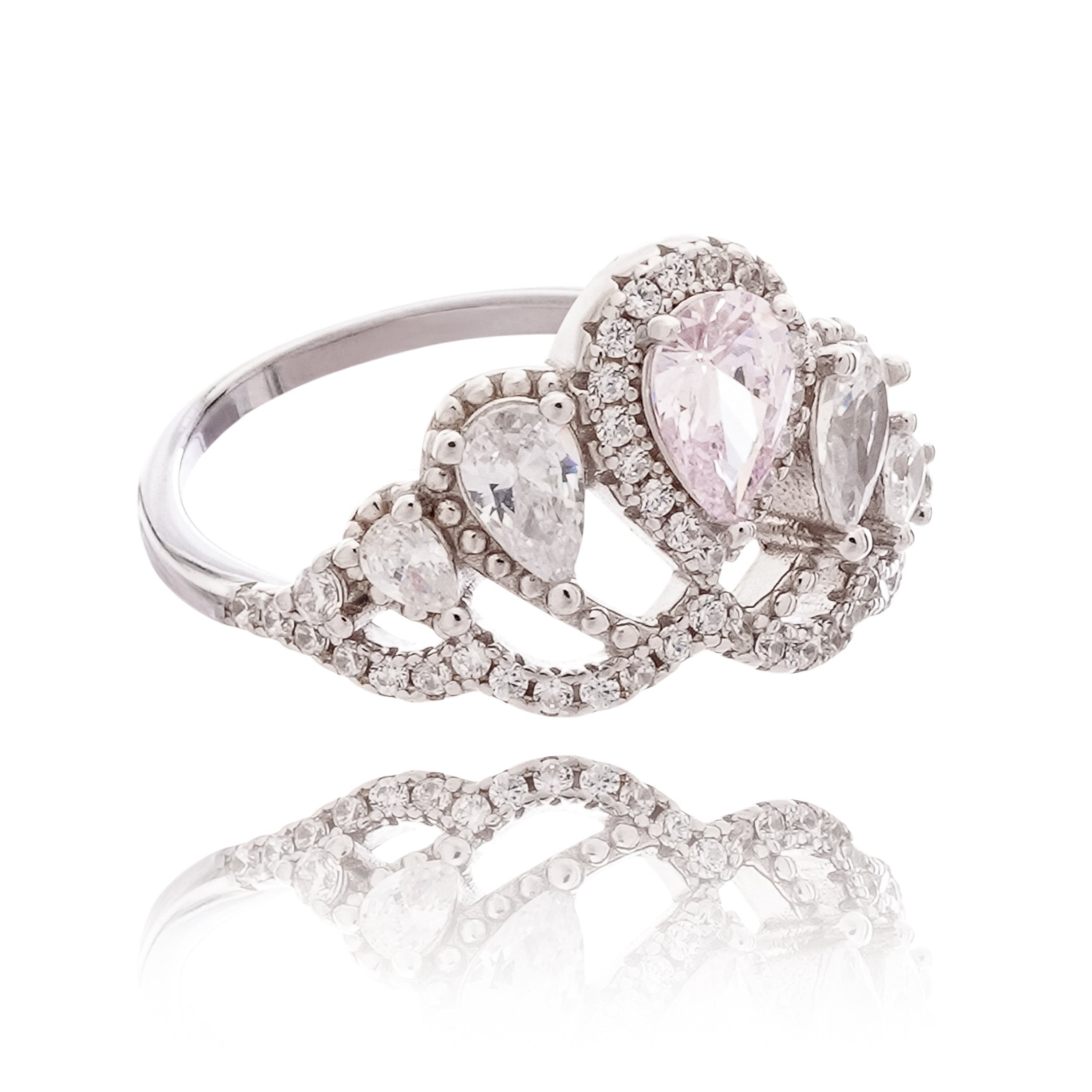 Carmen Pink Pear Cut Gemstone Crown Pavé Crystal Sterling Silver Ring