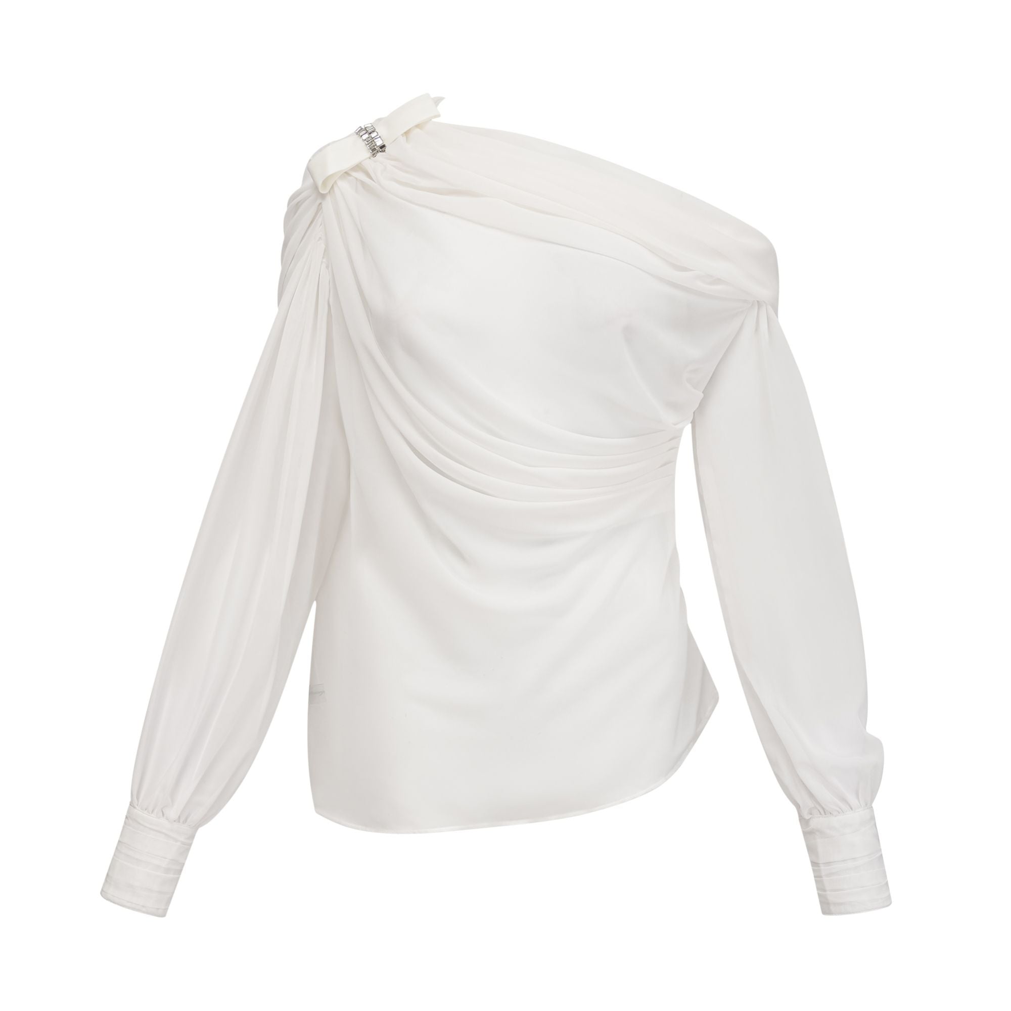 طقم أندريا بلوزة وتنورة من التول غير المتماثل باللون الأبيض