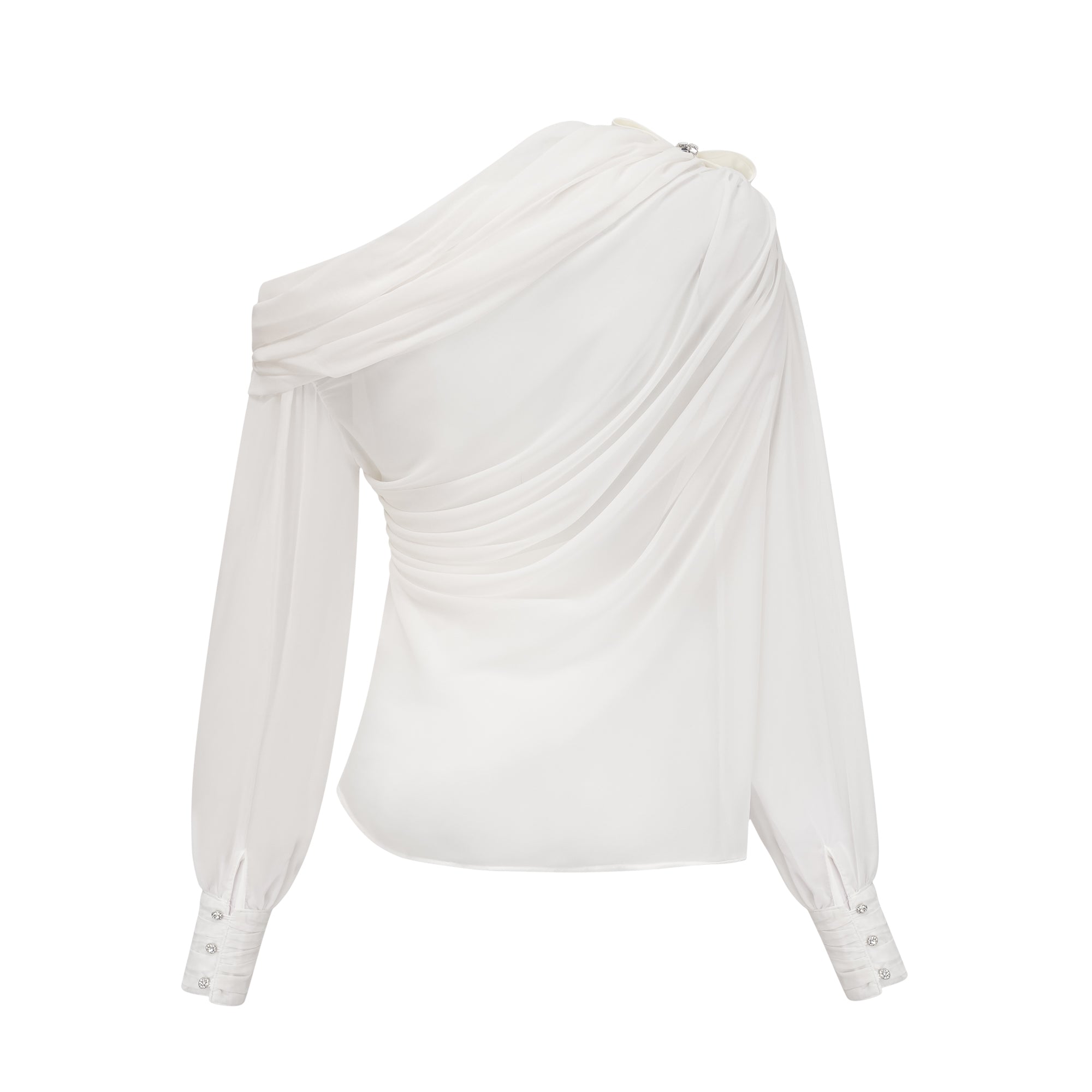 طقم أندريا بلوزة وتنورة من التول غير المتماثل باللون الأبيض