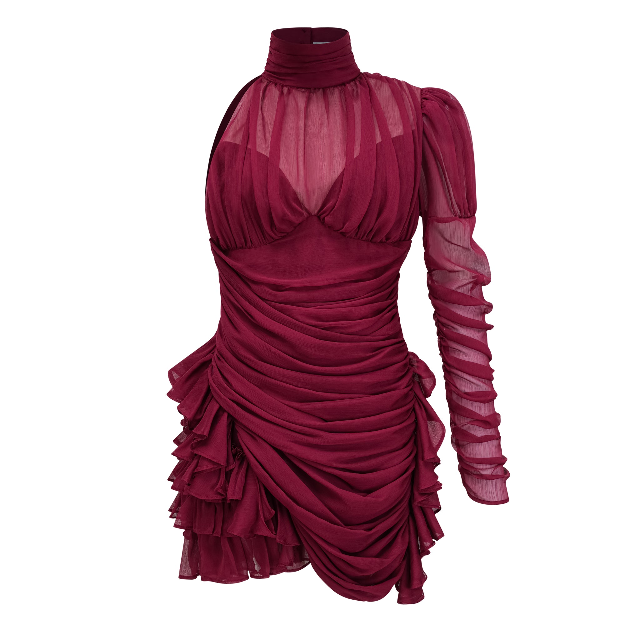 Éléna Burgundy Asymmetrical Ruffled Tulle Mini Dress