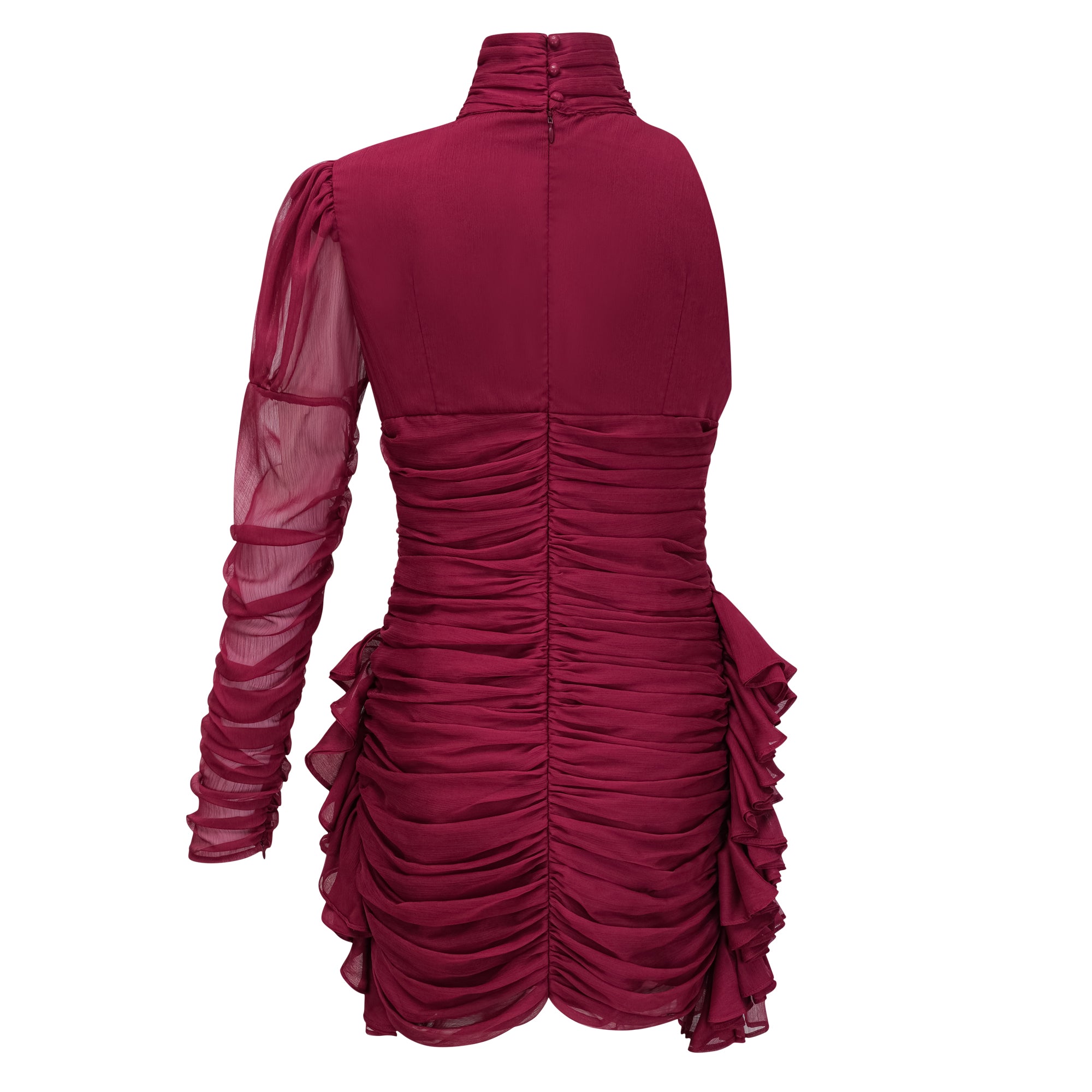 Éléna Burgundy Asymmetrical Ruffled Tulle Mini Dress