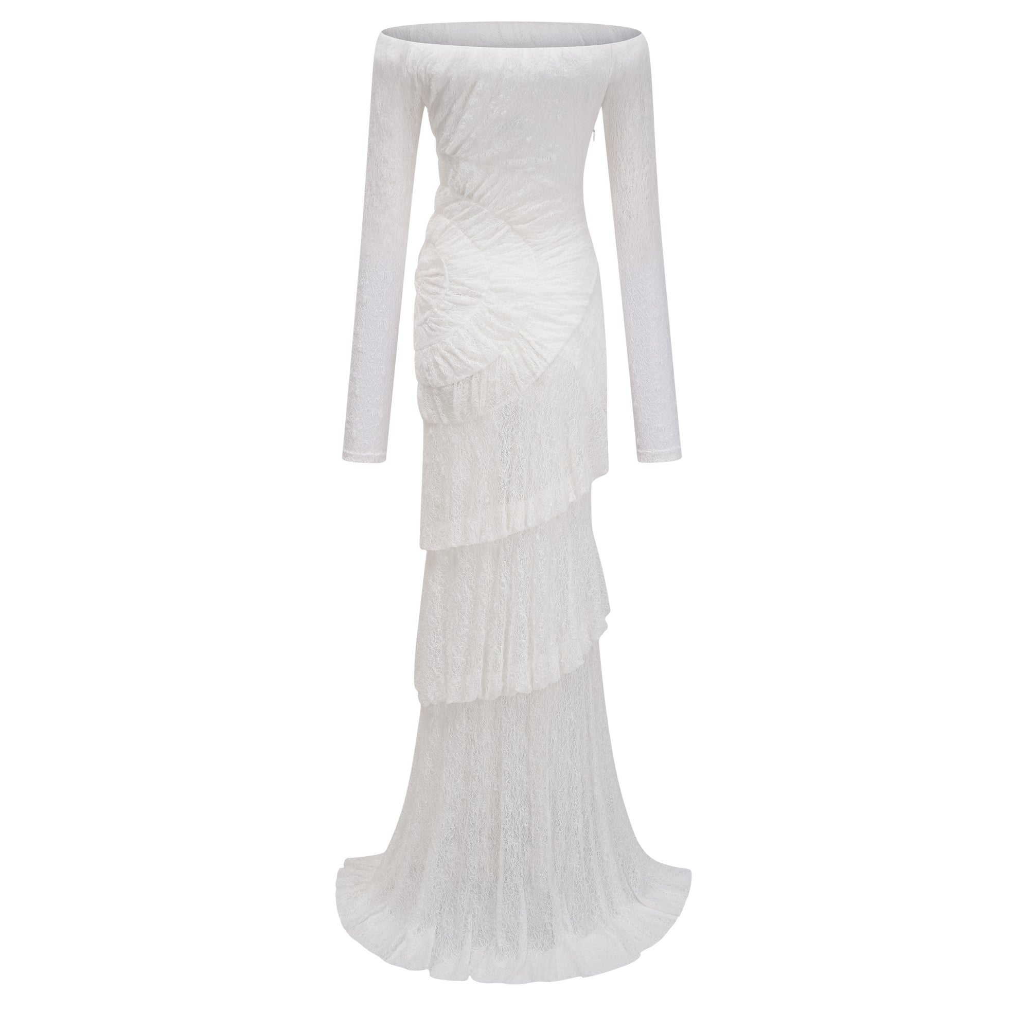 Étincelle Weißes Maxikleid aus geraffter Spitze (Endgültiger Verkauf – nur in den USA)