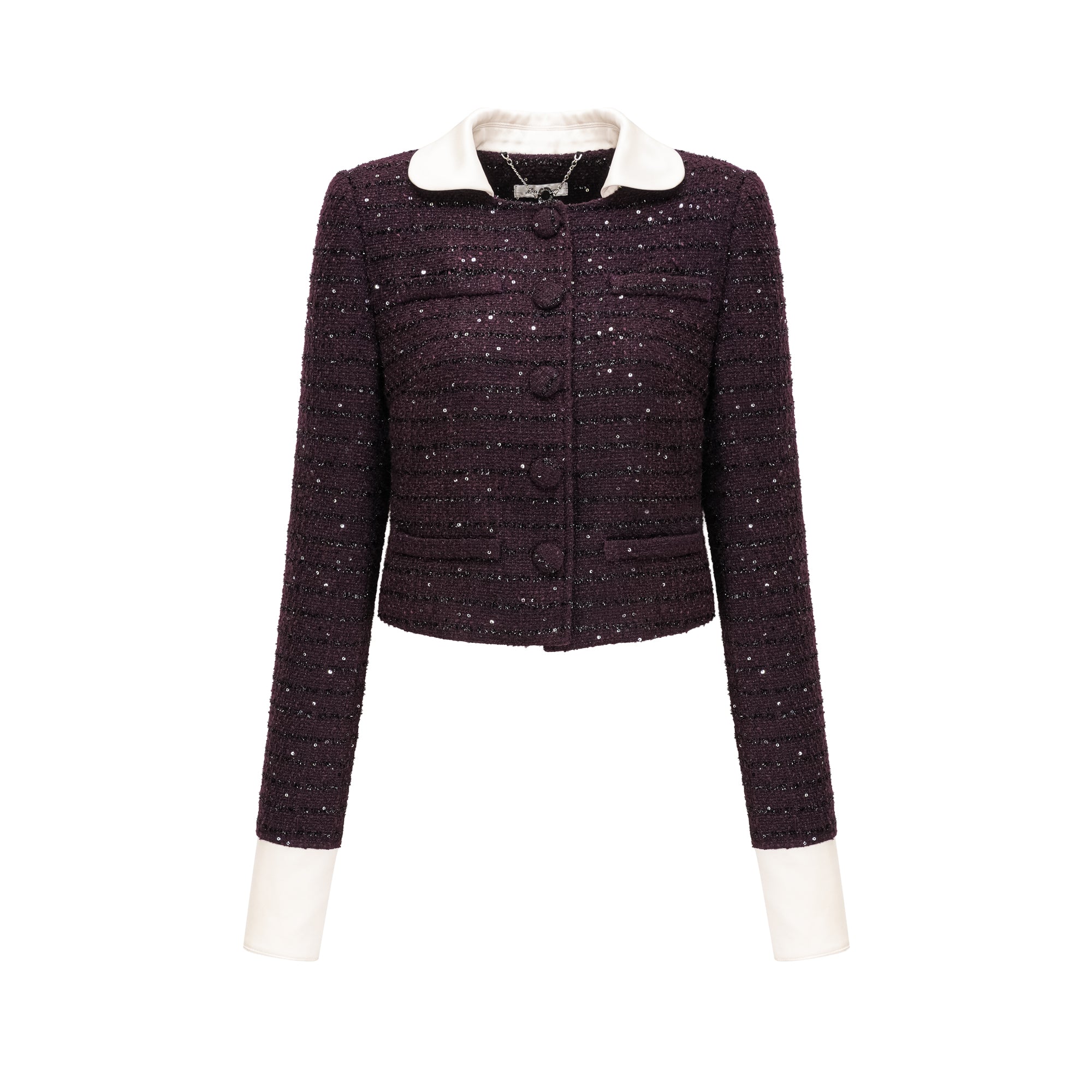 طقم سترة وتنورة من قماش تويد مزين بالترتر باللون الأرجواني من بريجيت