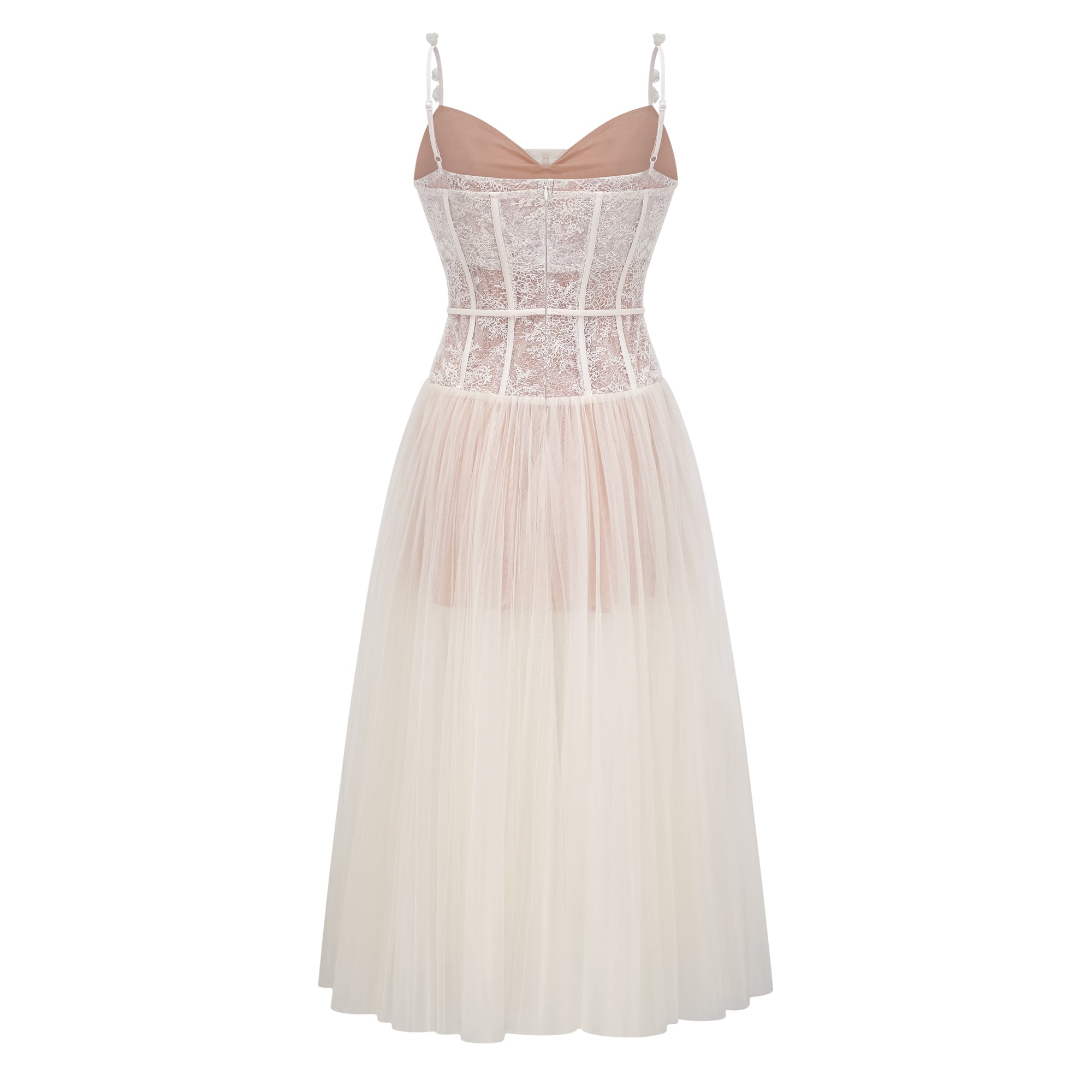 Mira Neutrals Lace Panel Tulle Midi Dress