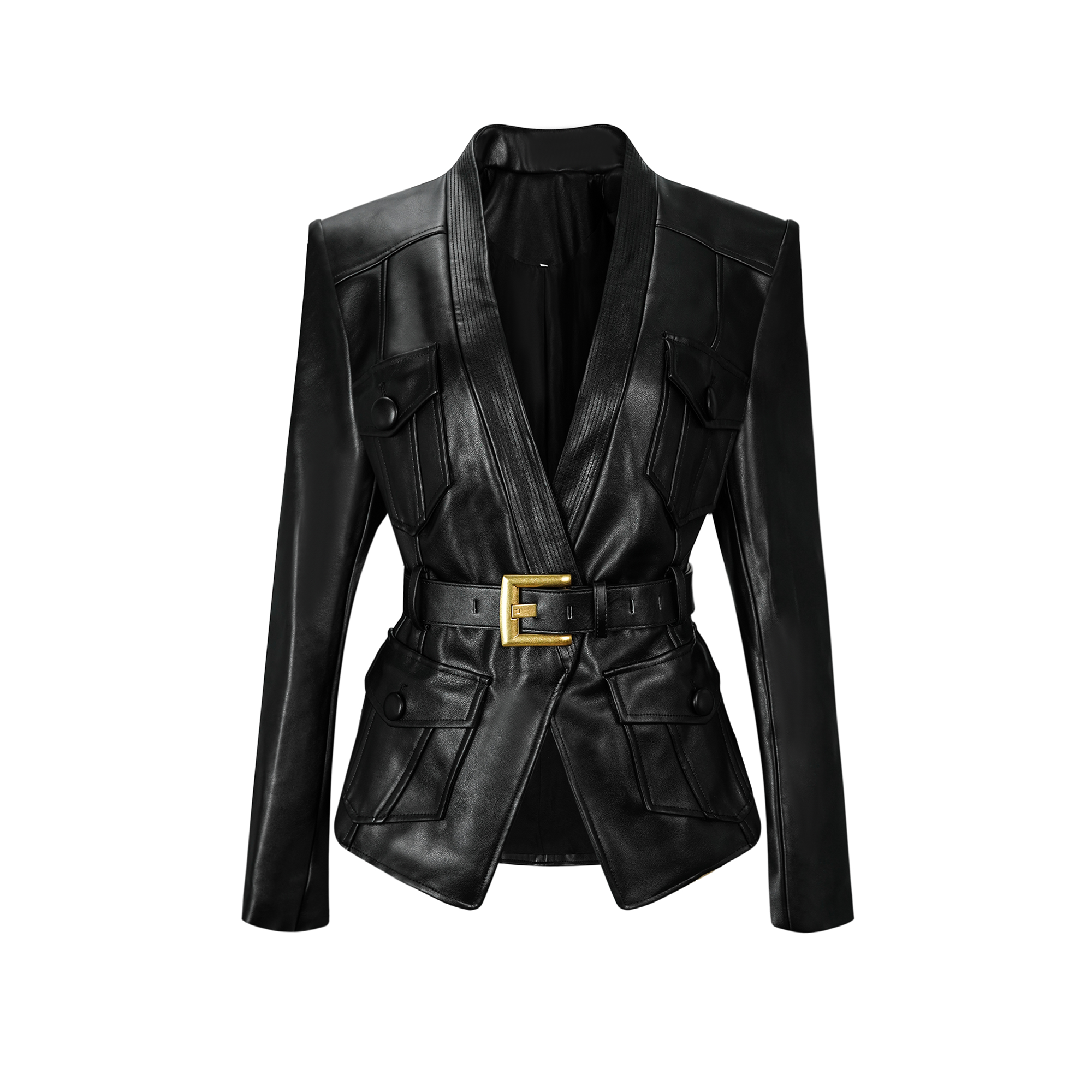 Isabel Black Belted Faux Leather Jacket