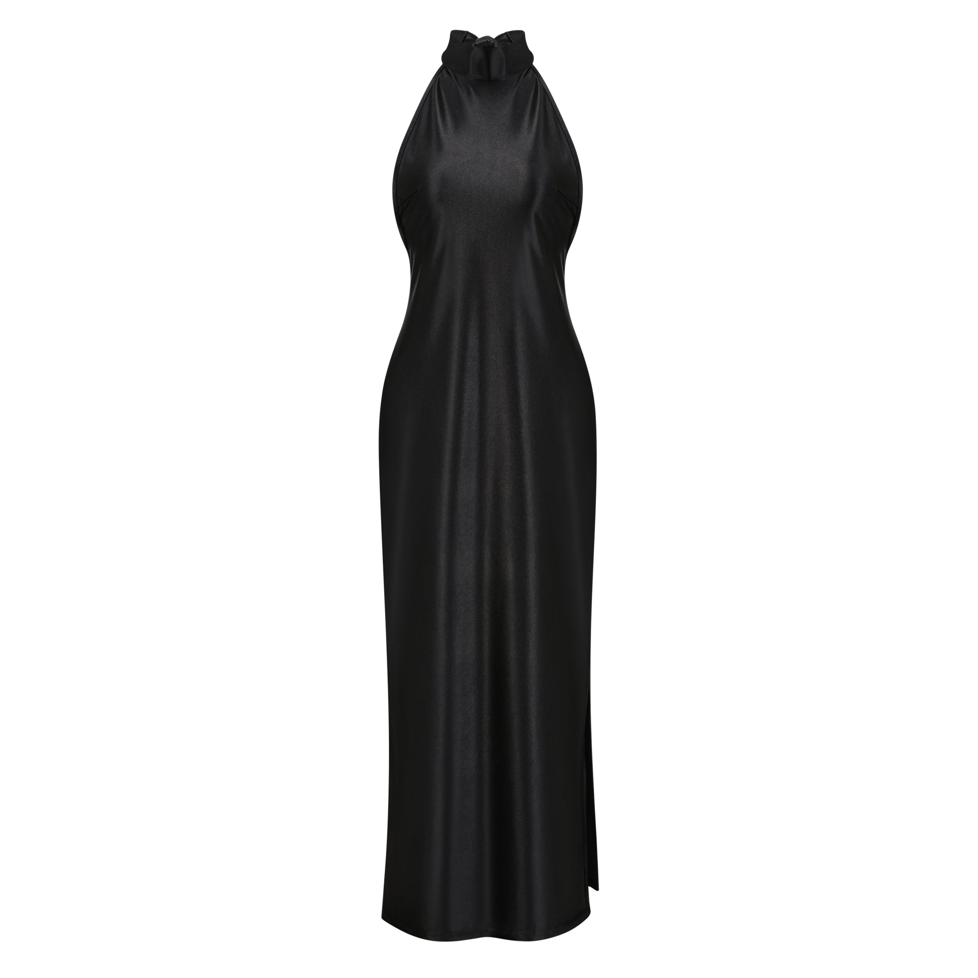 Ginevra black halterneck faux-pearl satin maxi dress