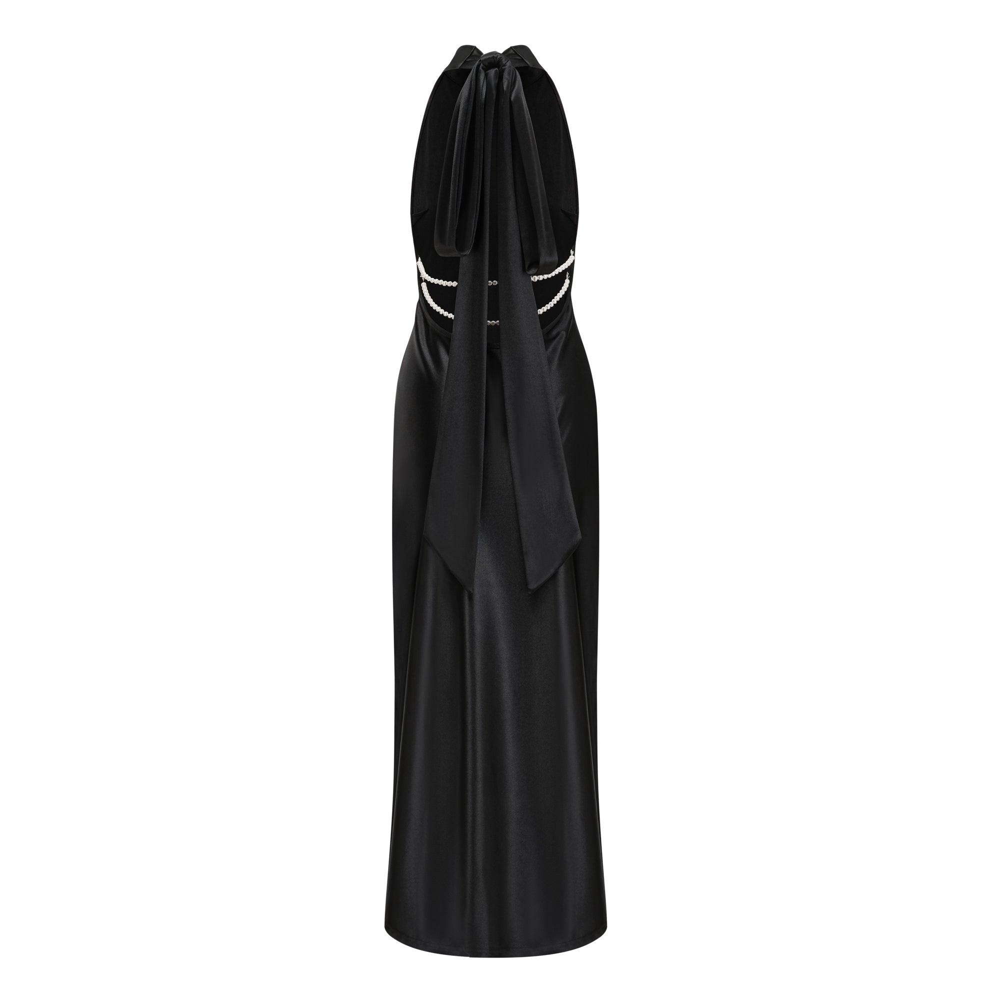 Ginevra black halterneck faux-pearl satin maxi dress