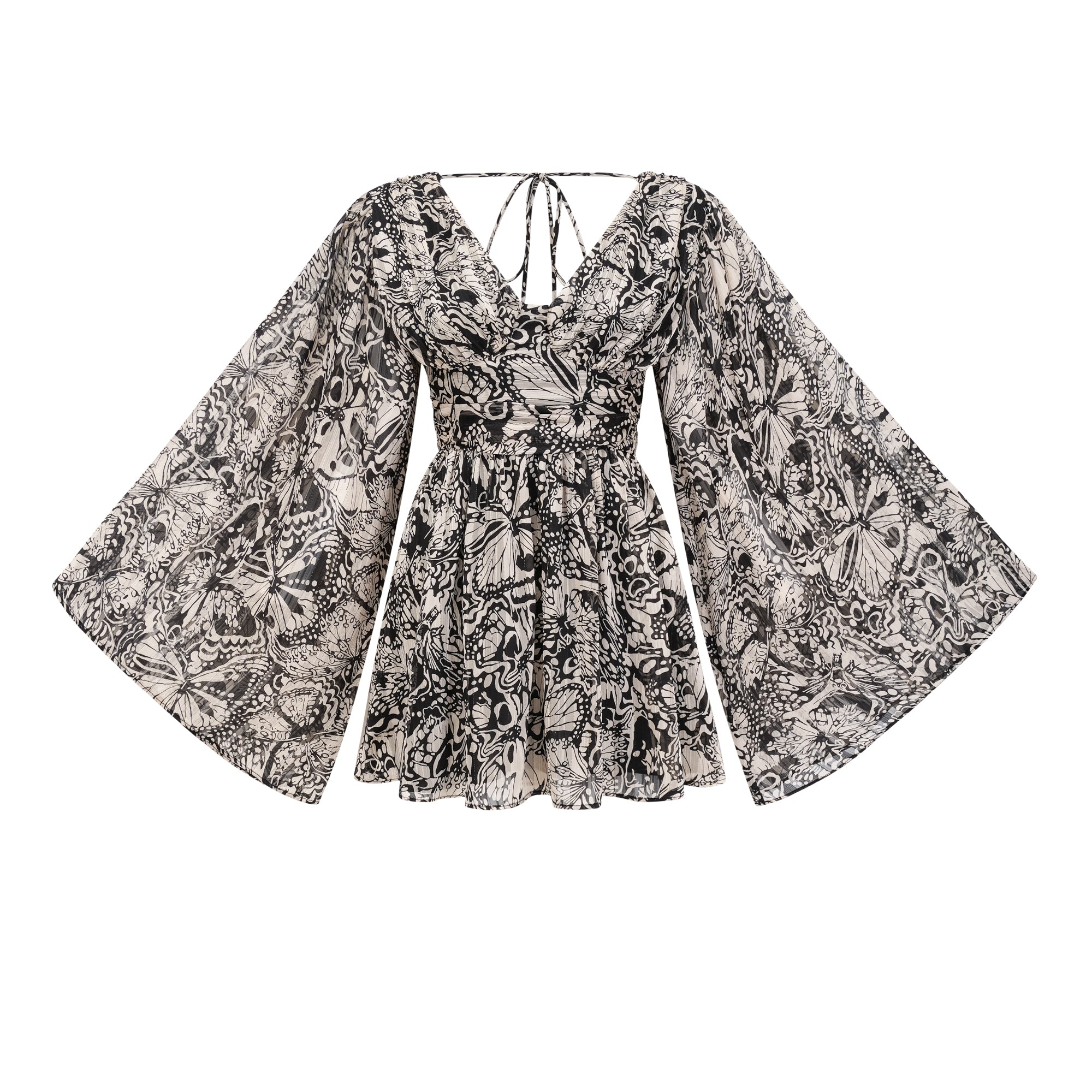 فستان قصير بفتحة رقبة على شكل حرف V وطبعة نقشة بيرين