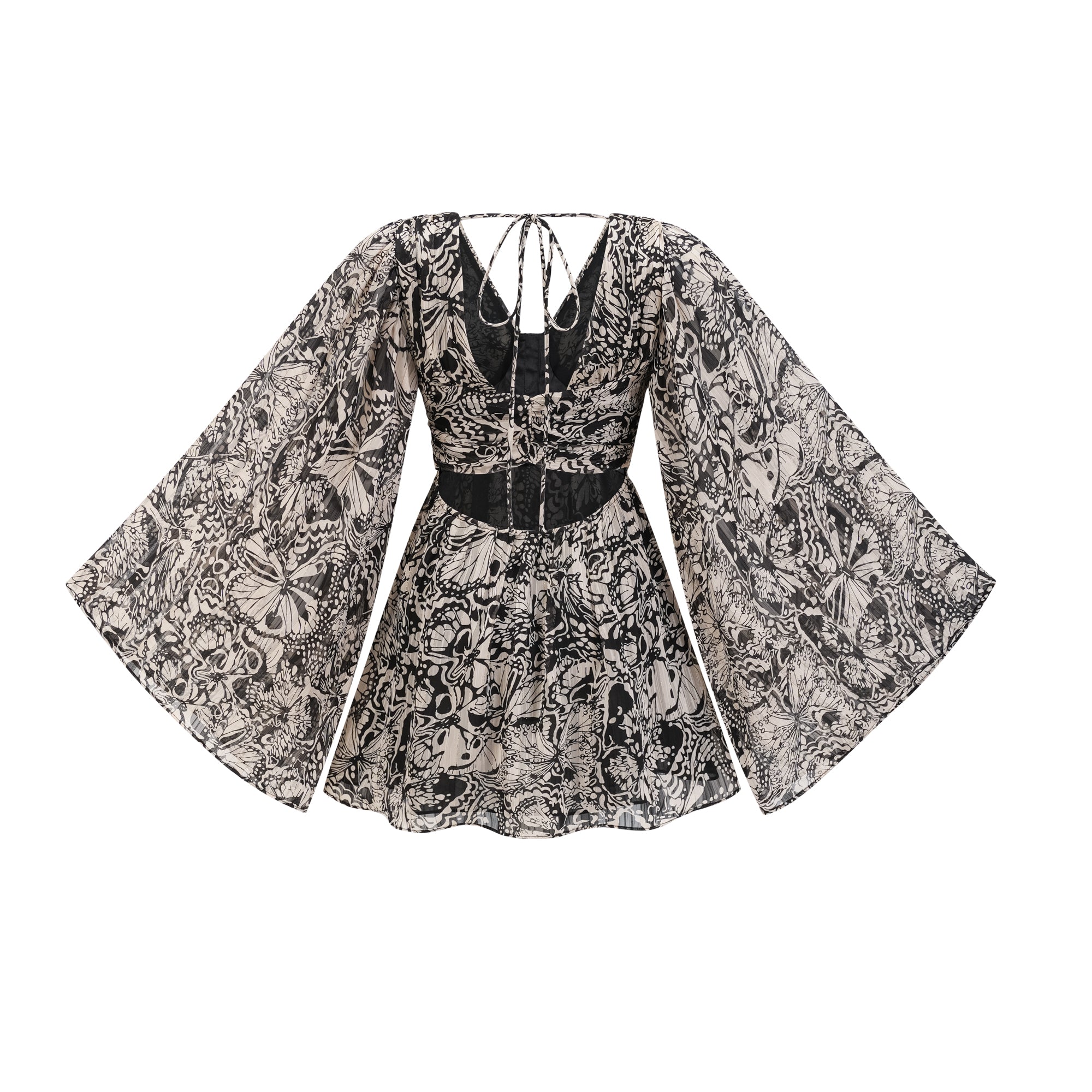 فستان قصير بفتحة رقبة على شكل حرف V وطبعة نقشة بيرين