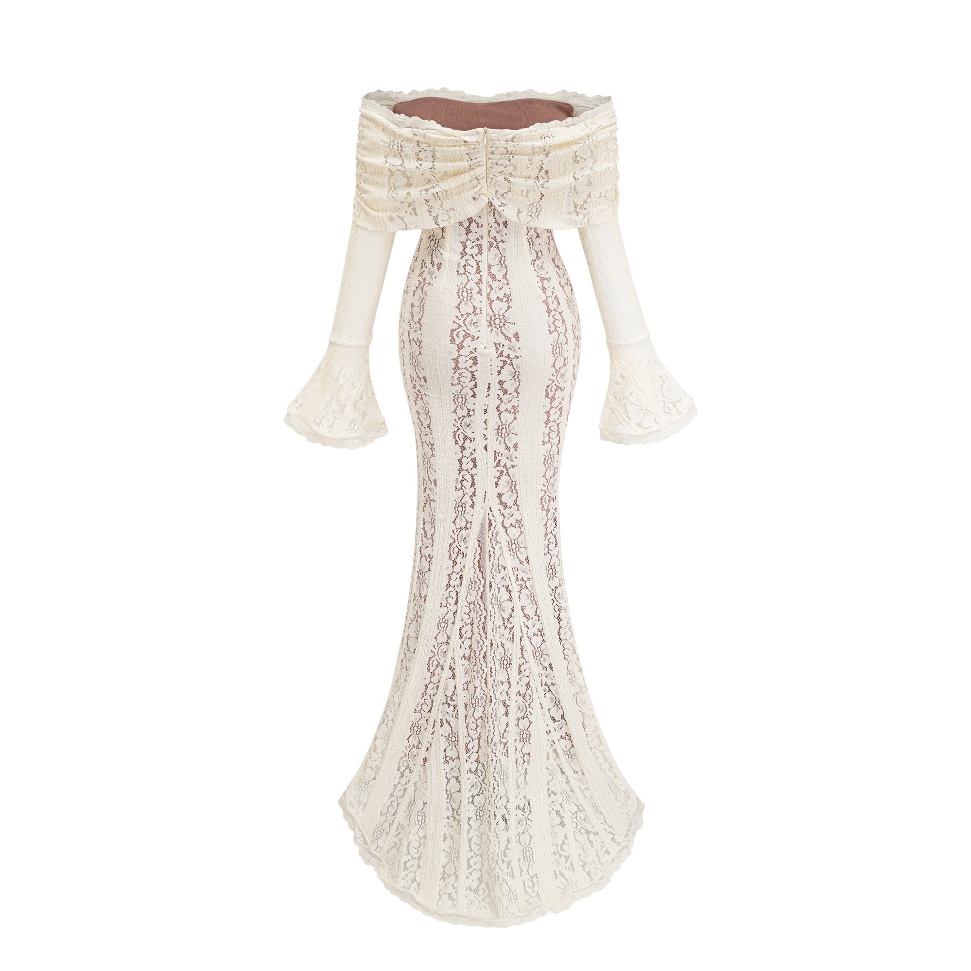 Émeline – Maxikleid mit ausgestellten Bündchen und Blumenspitze in Neutral