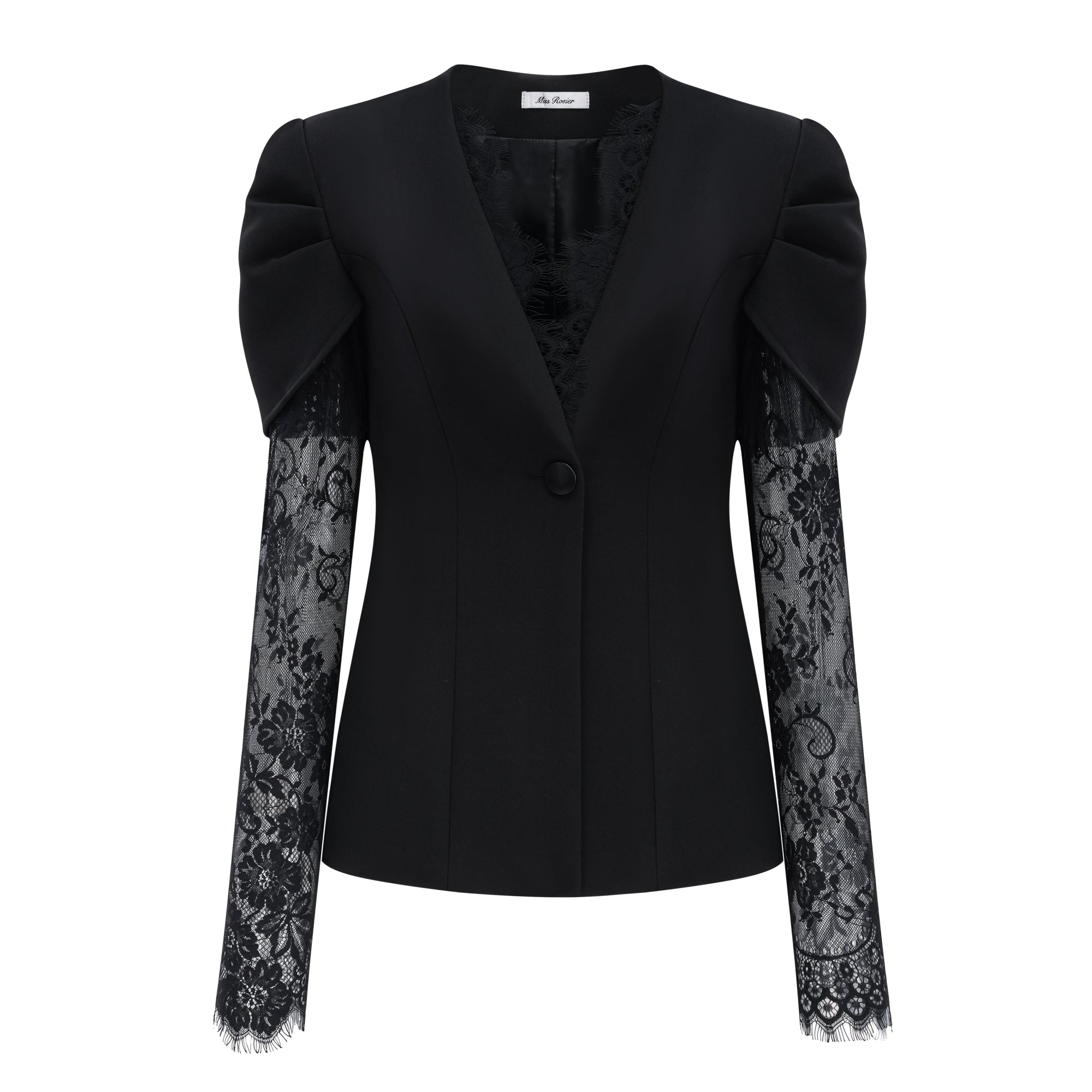 سترة سافرون سوداء بدون ياقة مع حواف من الدانتيل