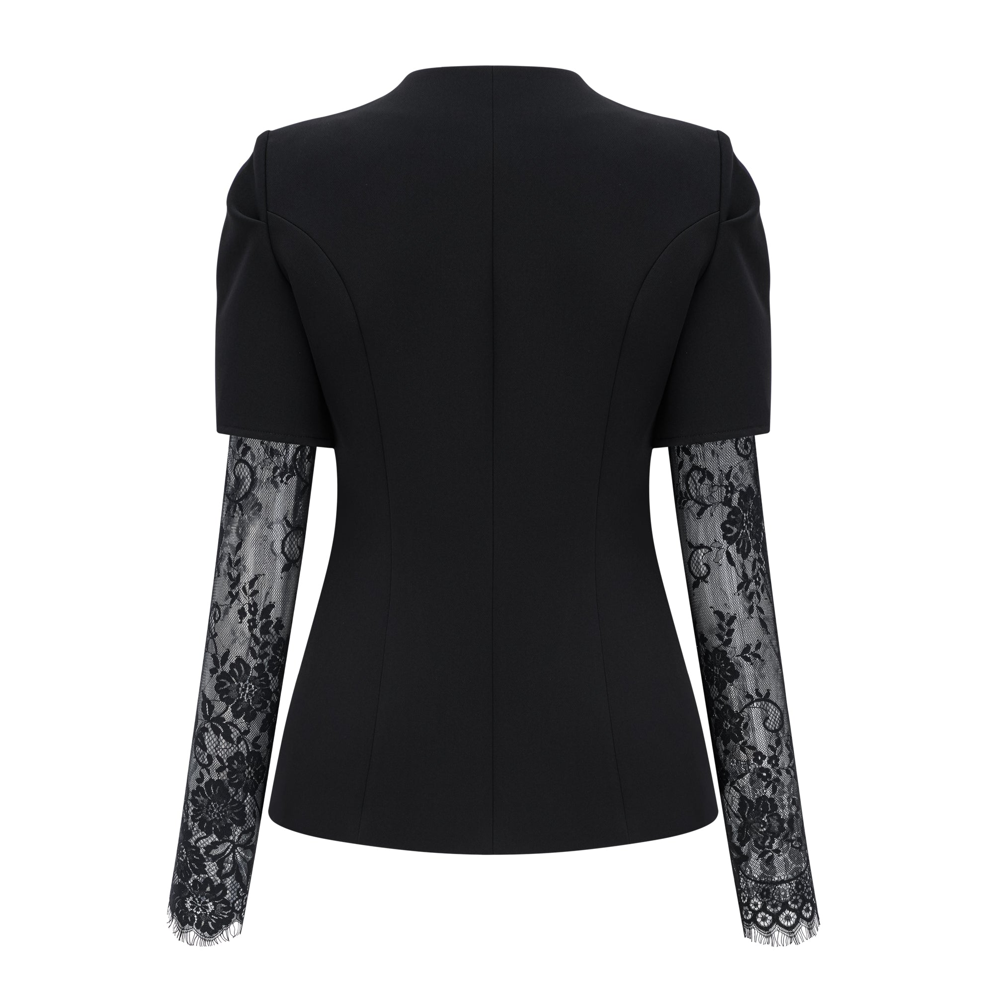 سترة سافرون سوداء بدون ياقة مع حواف من الدانتيل