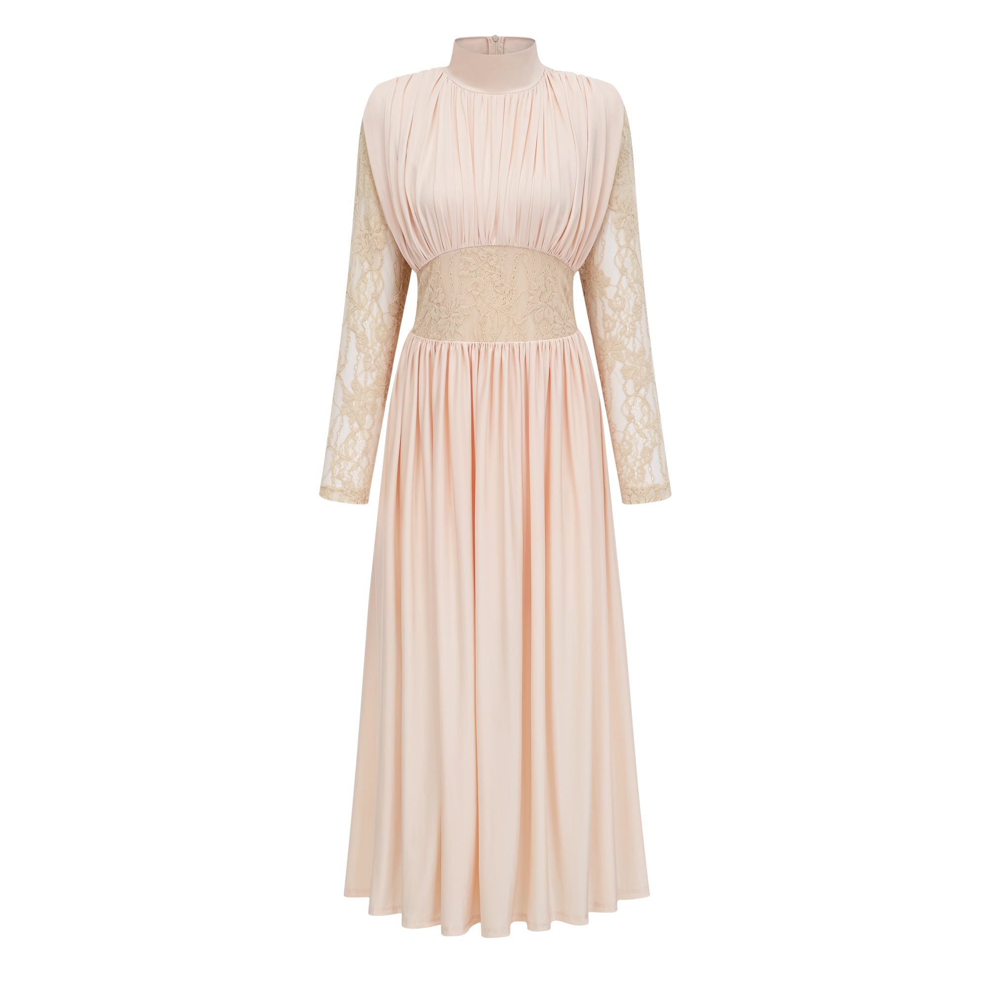 فستان طويل بياقة عالية وكتافات من الدانتيل باللون المحايد من Karine