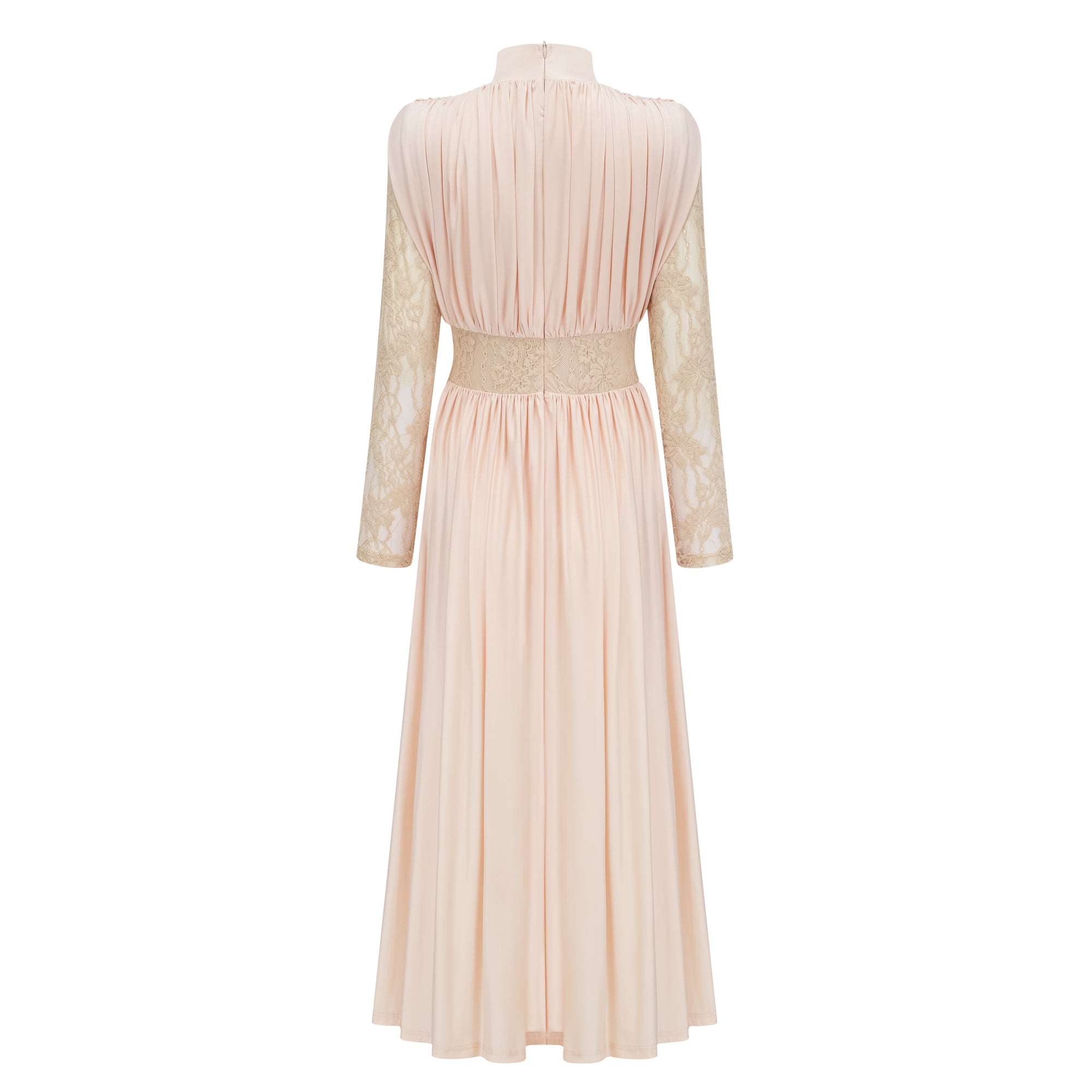 فستان طويل بياقة عالية وكتافات من الدانتيل باللون المحايد من Karine