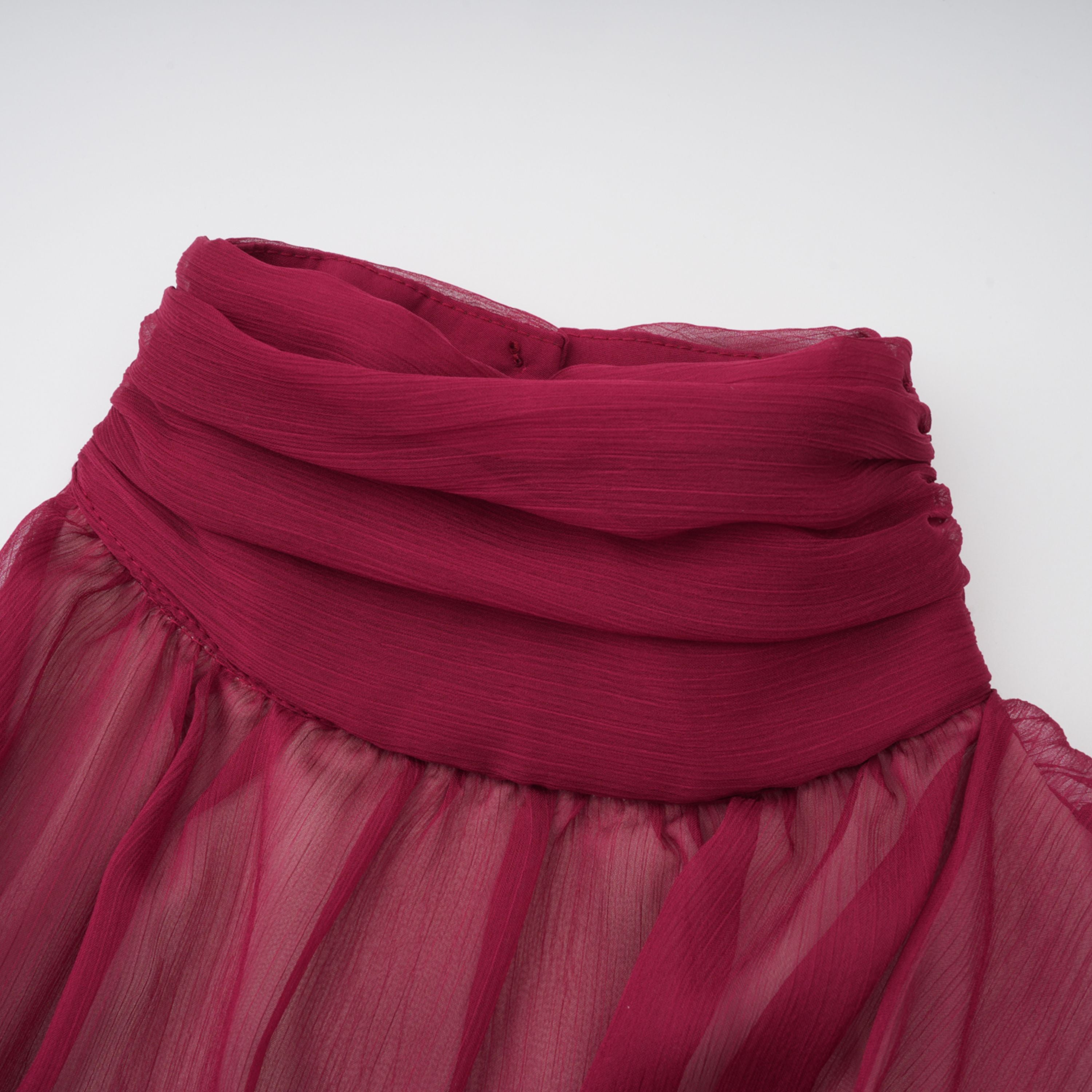 Éléna Burgundy Asymmetrical Ruffled Tulle Mini Dress