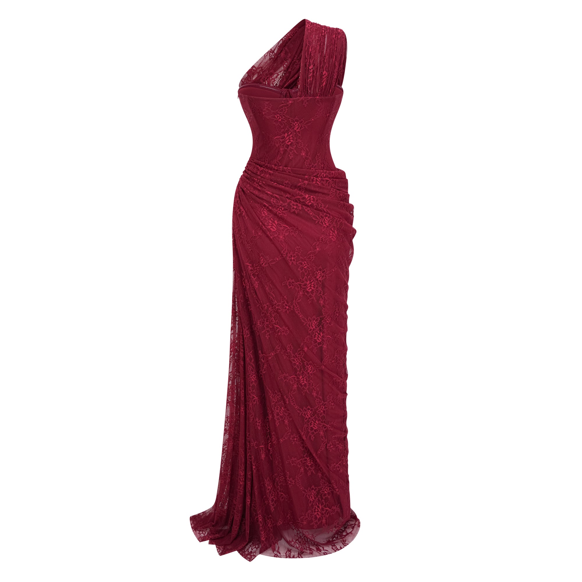 Stefania Rubinrotes Maxikleid mit floraler Spitze