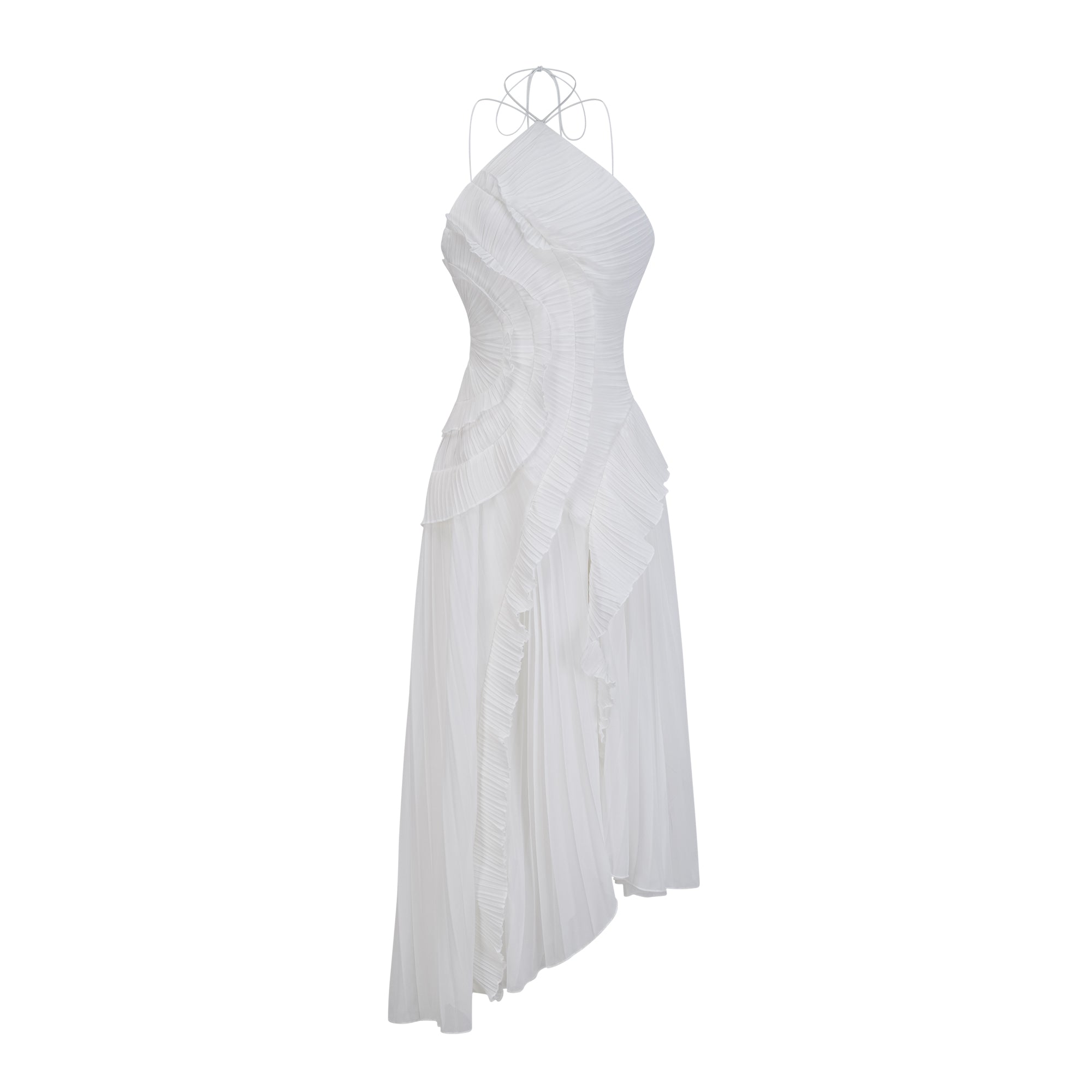 Doux White Ruffled Trim Pleated Midi Dress