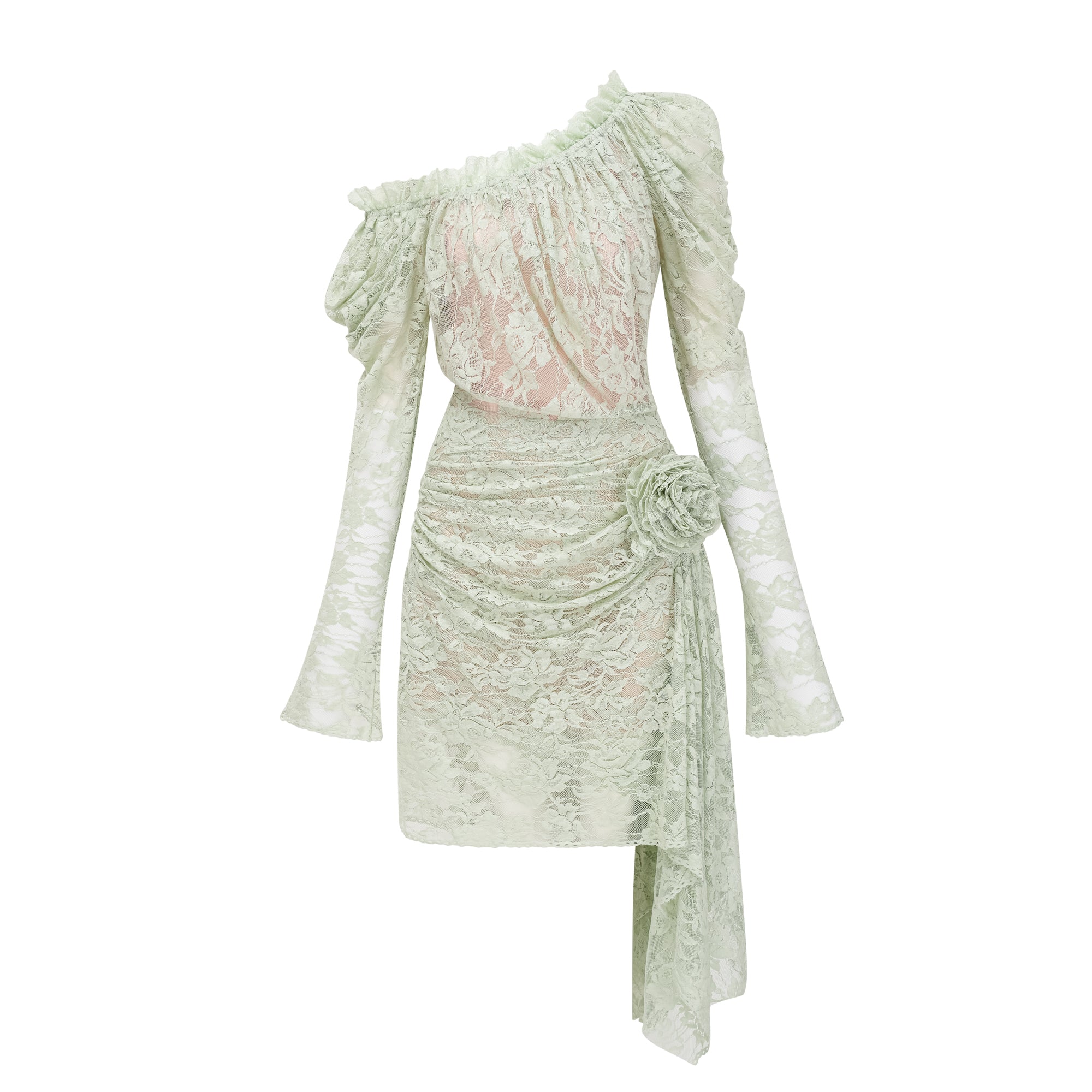 فستان قصير من الدانتيل الزهري شبه الشفاف بلون أخضر ساج من أليكسيس