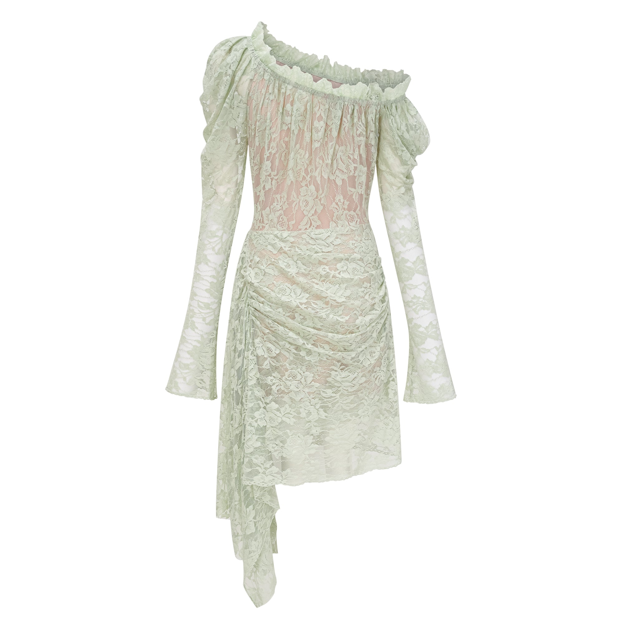 فستان قصير من الدانتيل الزهري شبه الشفاف بلون أخضر ساج من أليكسيس